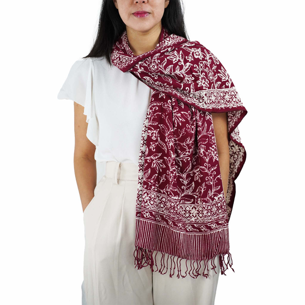 Handmade Batik Scarf - Red, White & Burgundy