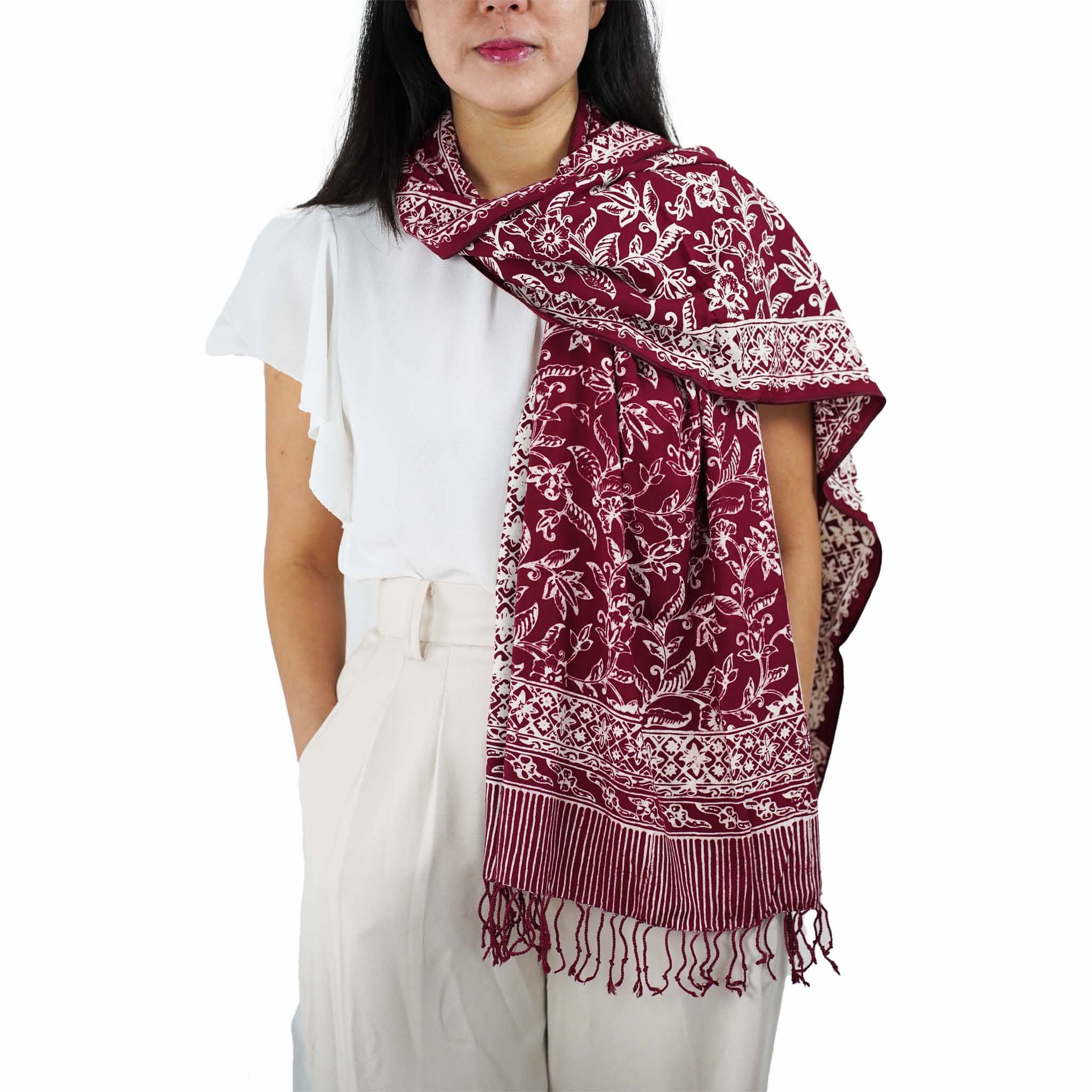 Handmade Batik Scarf - Red, White & Burgundy