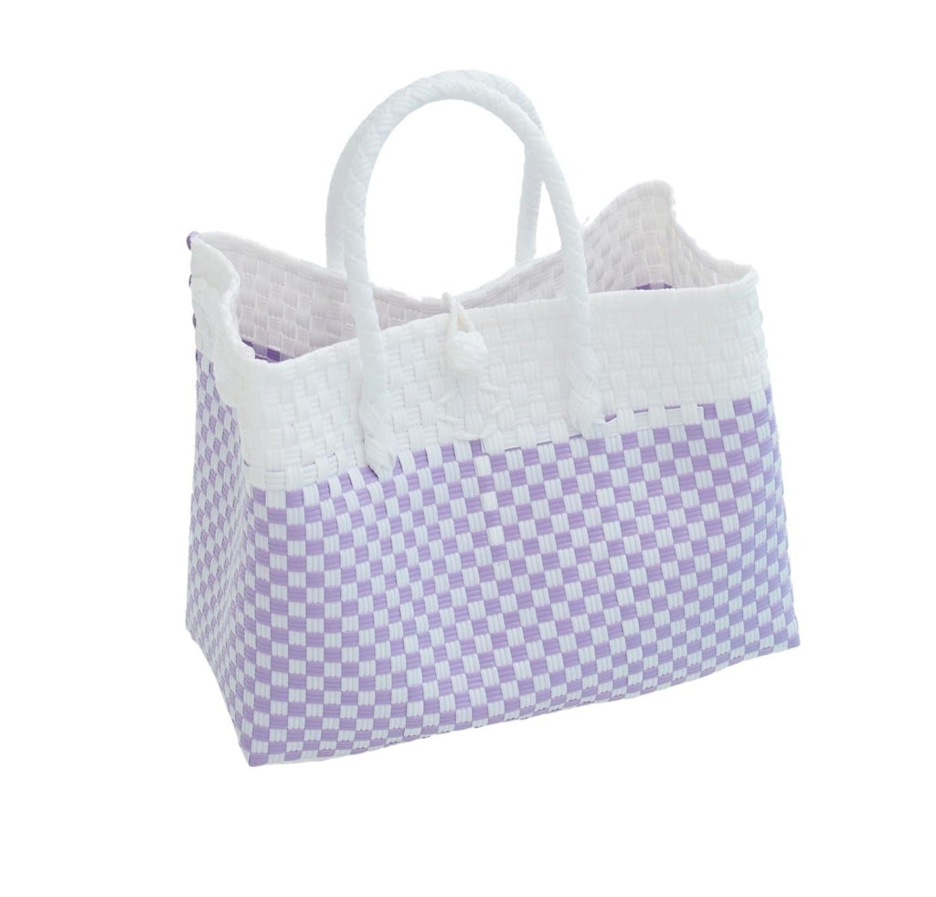 Lola Recycled Plastic Woven Tote Large - White & Lite Purple Checker