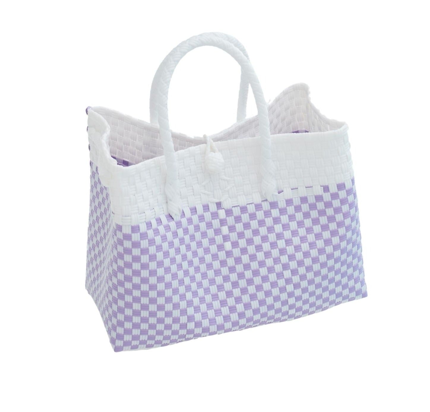 Lola Recycled Plastic Woven Tote Large - White & Lite Purple Checker