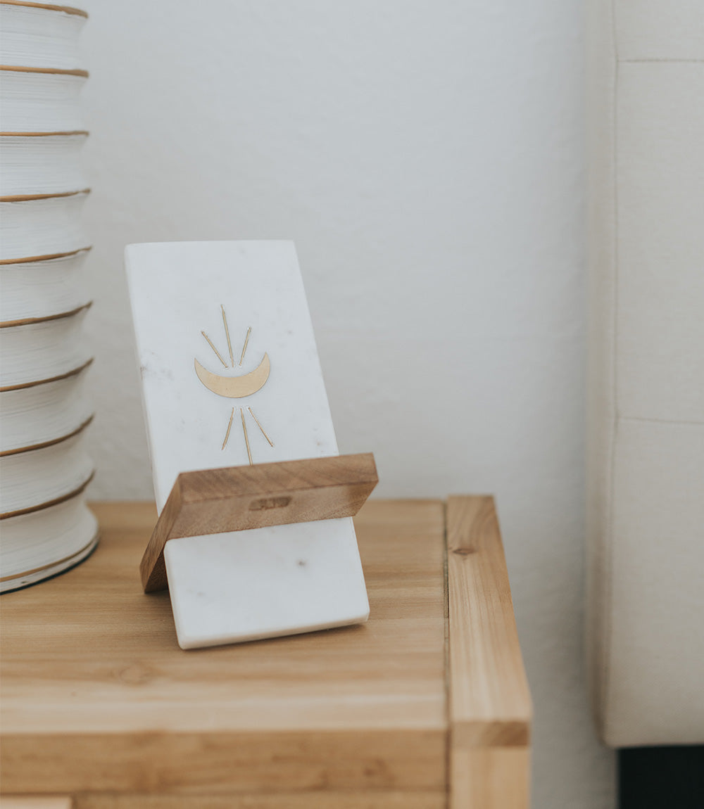 Indukala Moon Phase Phone Stand - Wood, Marble & Brass