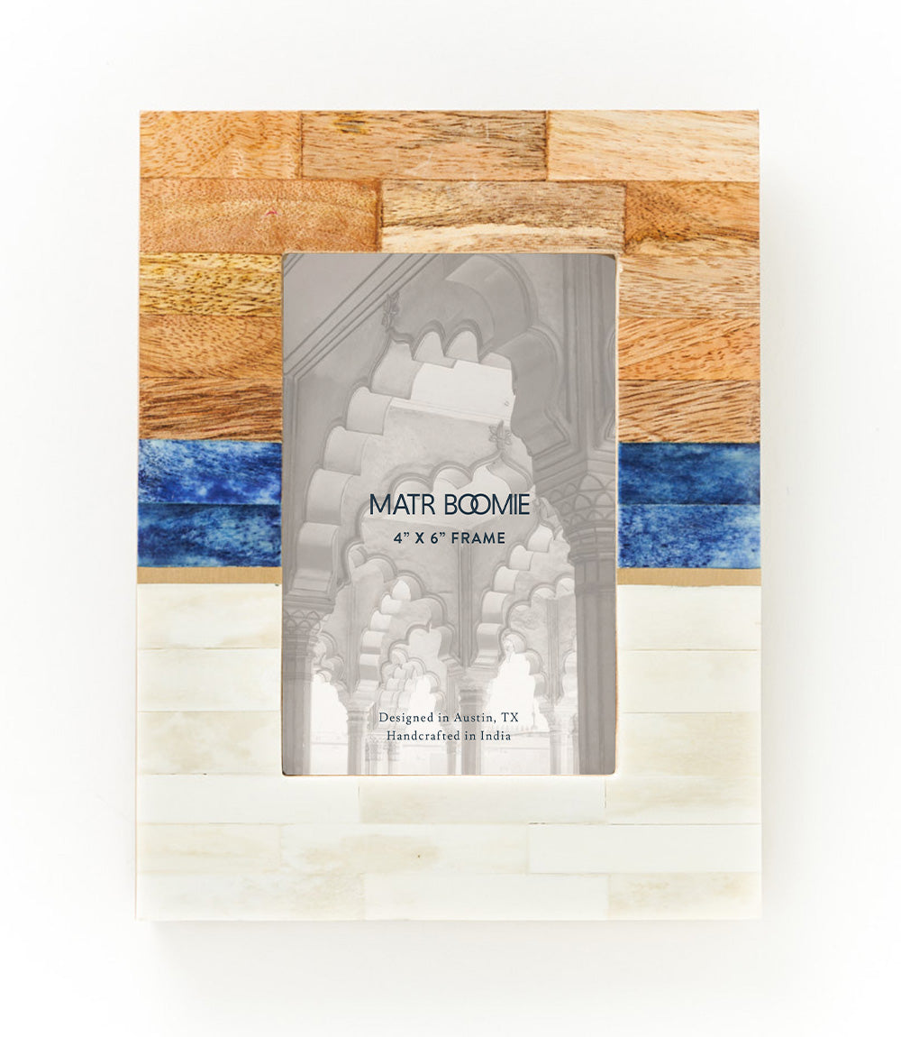 Kaveri Natural, Blue, Brown Picture Frame - Carved Bone & Wood (4x6)