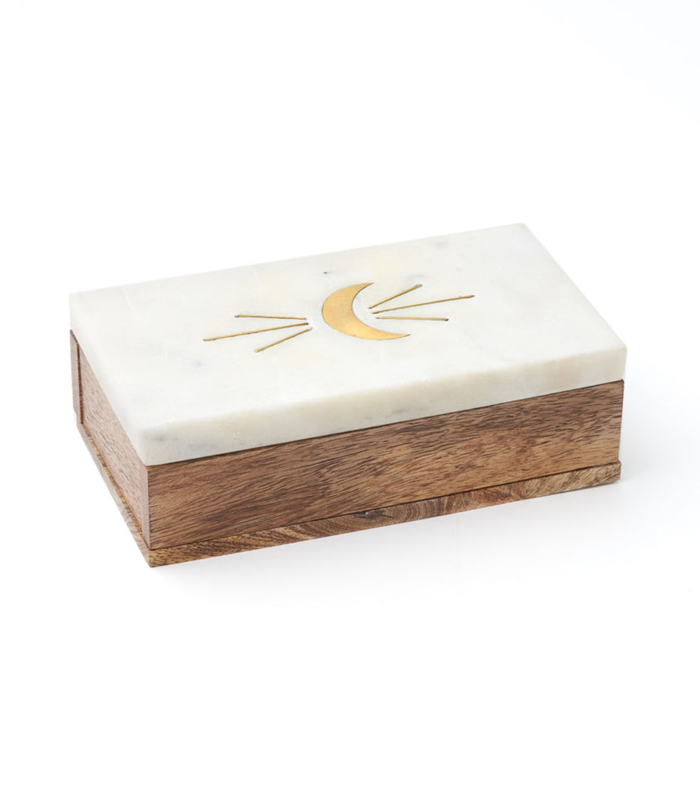 Indukala Crescent Moon Treasure Box - Wood, Marble & Brass