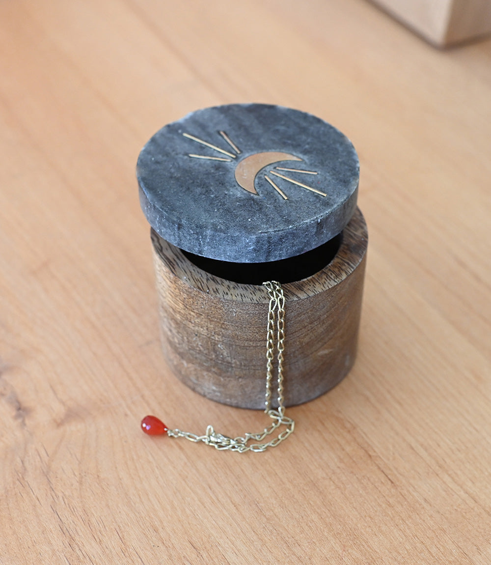 Indukala Moon Phase Round Keepsake Box - Black Marble, Wood & Brass