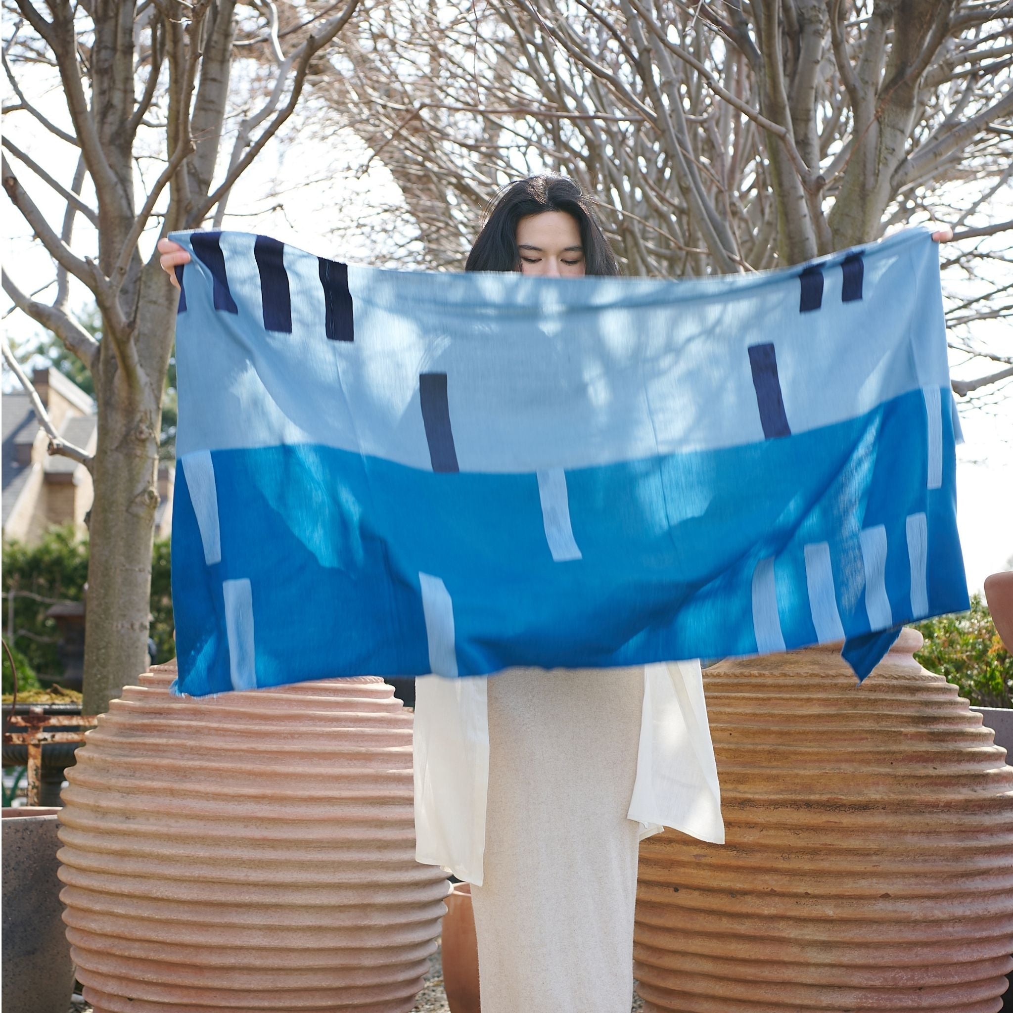 Harbor Blue Hand Embroidered Modern Artisanal Scarf