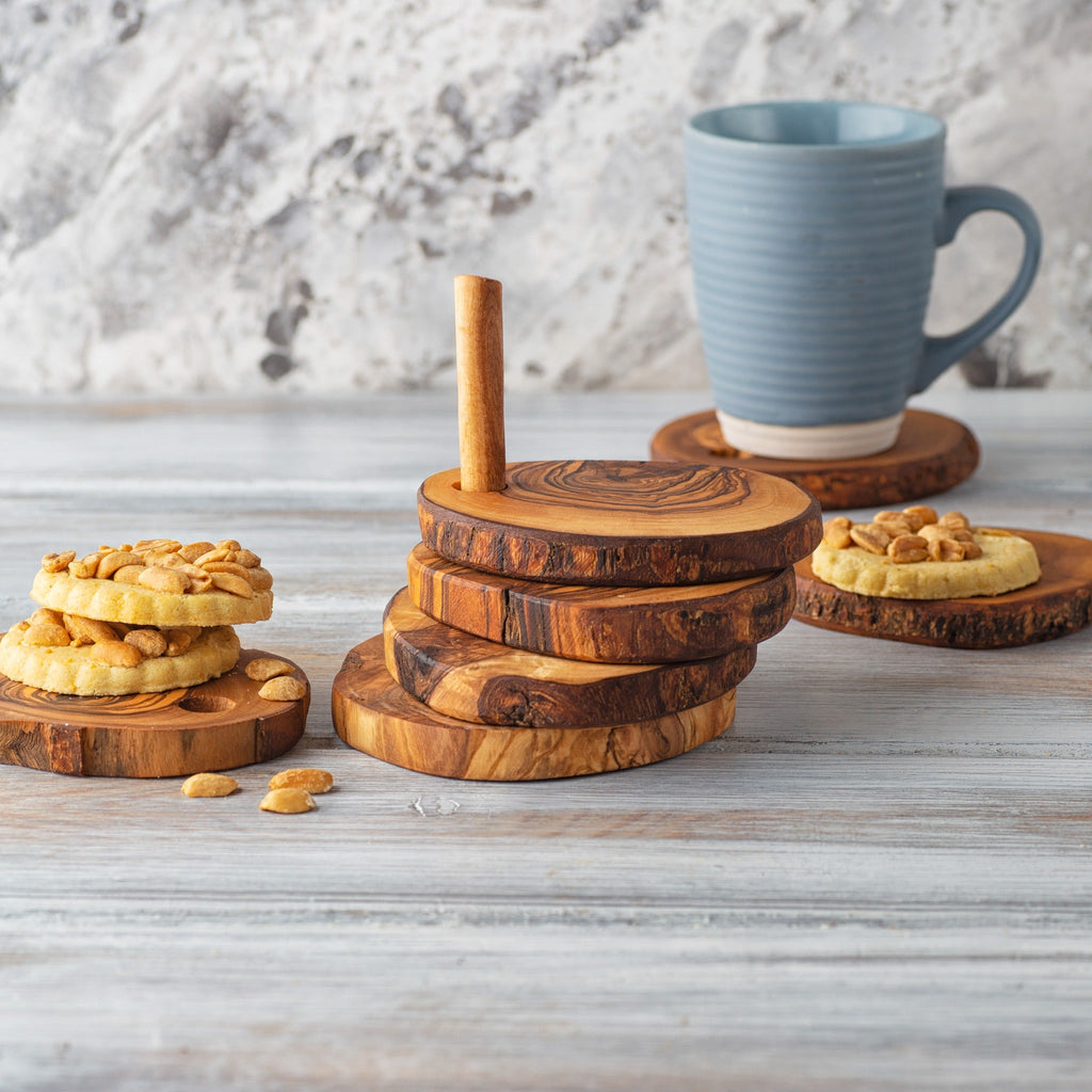 Olive Wood Coaster Set with Holder (7 Pcs)