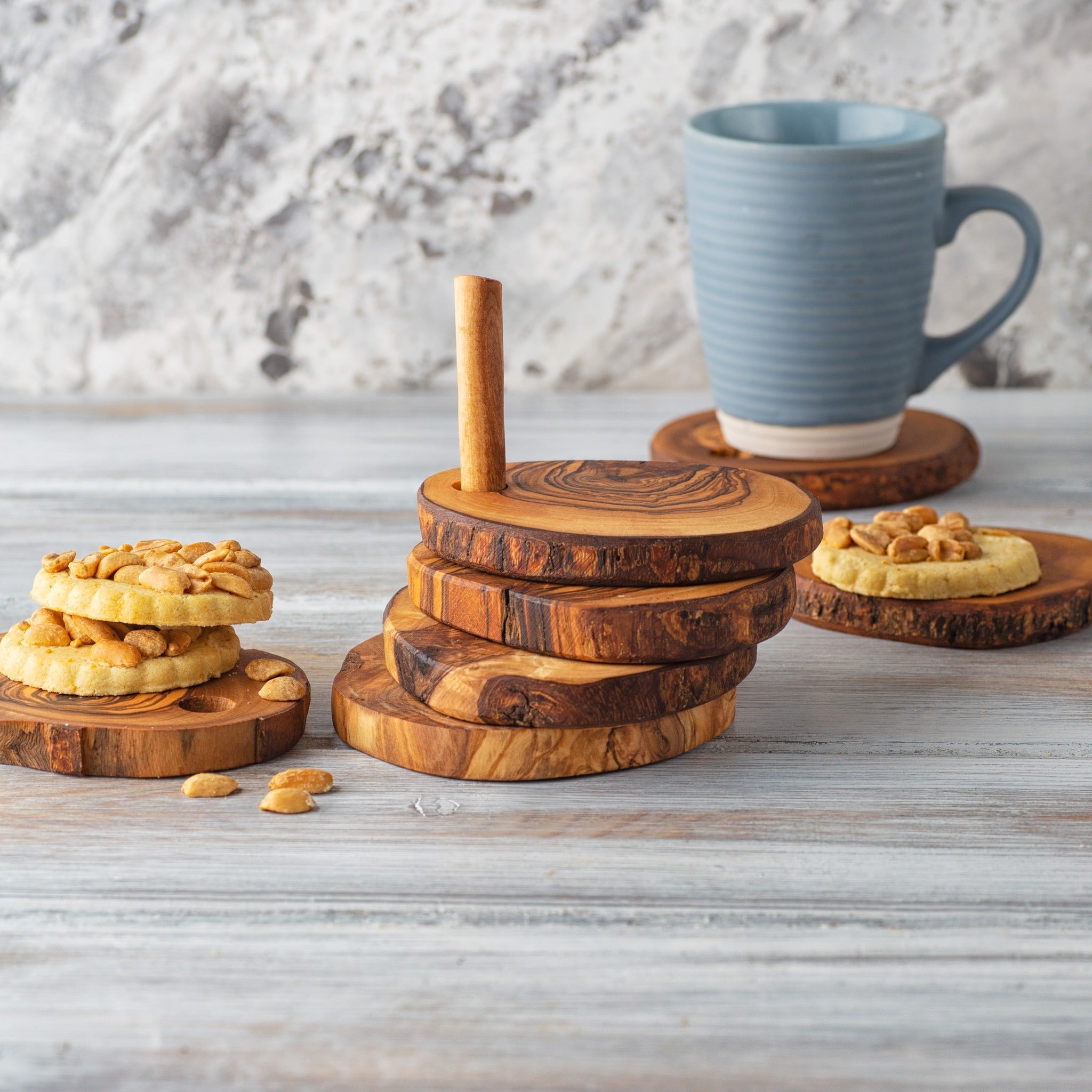 Olive Wood Coaster Set with Holder (7 Pcs)
