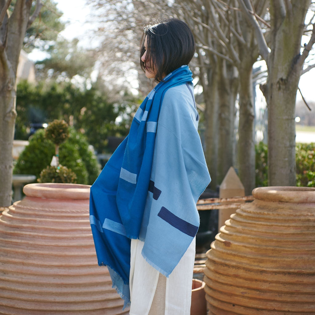 Harbor Blue Hand Embroidered Modern Artisanal Scarf