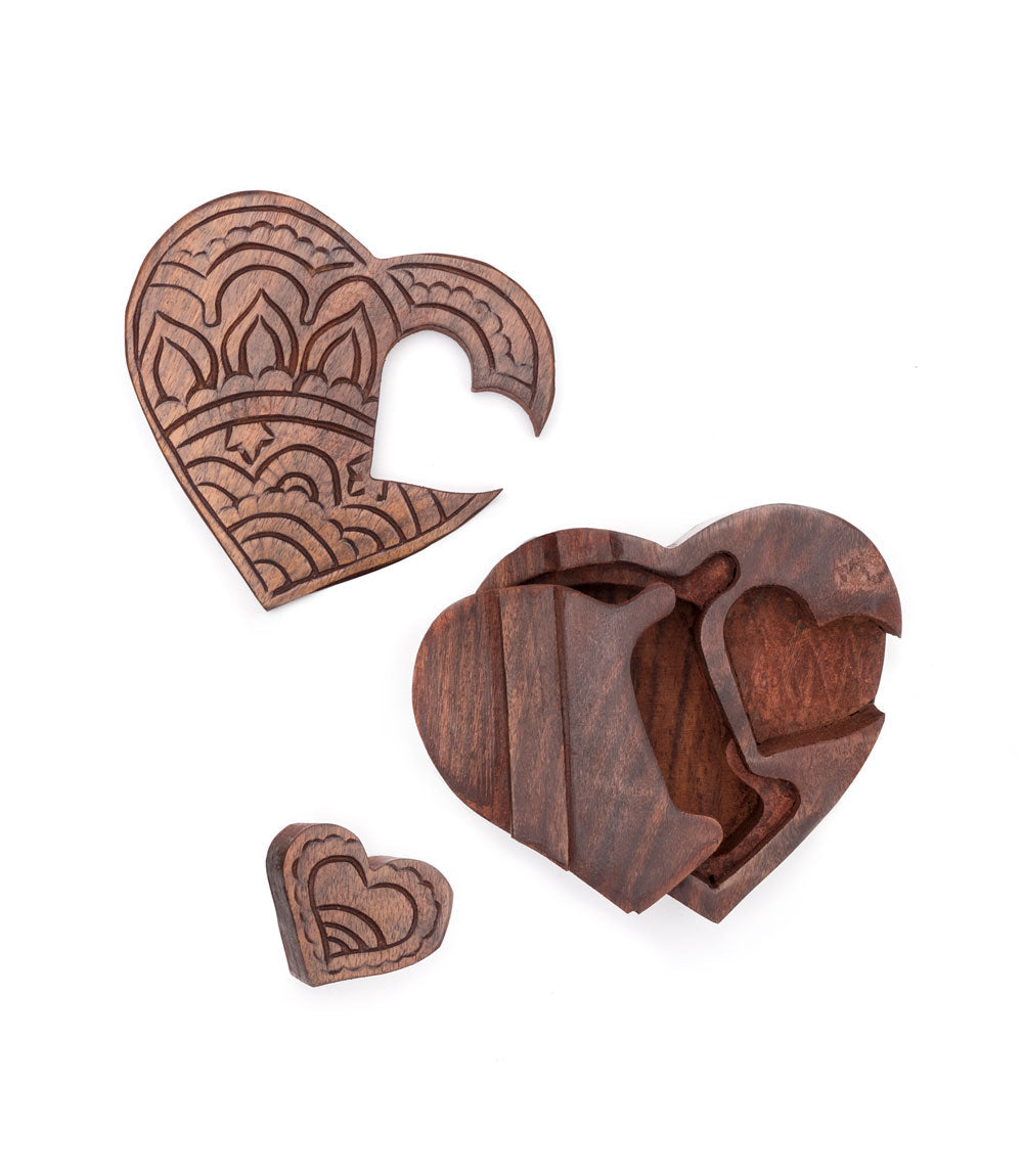 Hand Carved Wood Heart Jewelry Puzzle Box