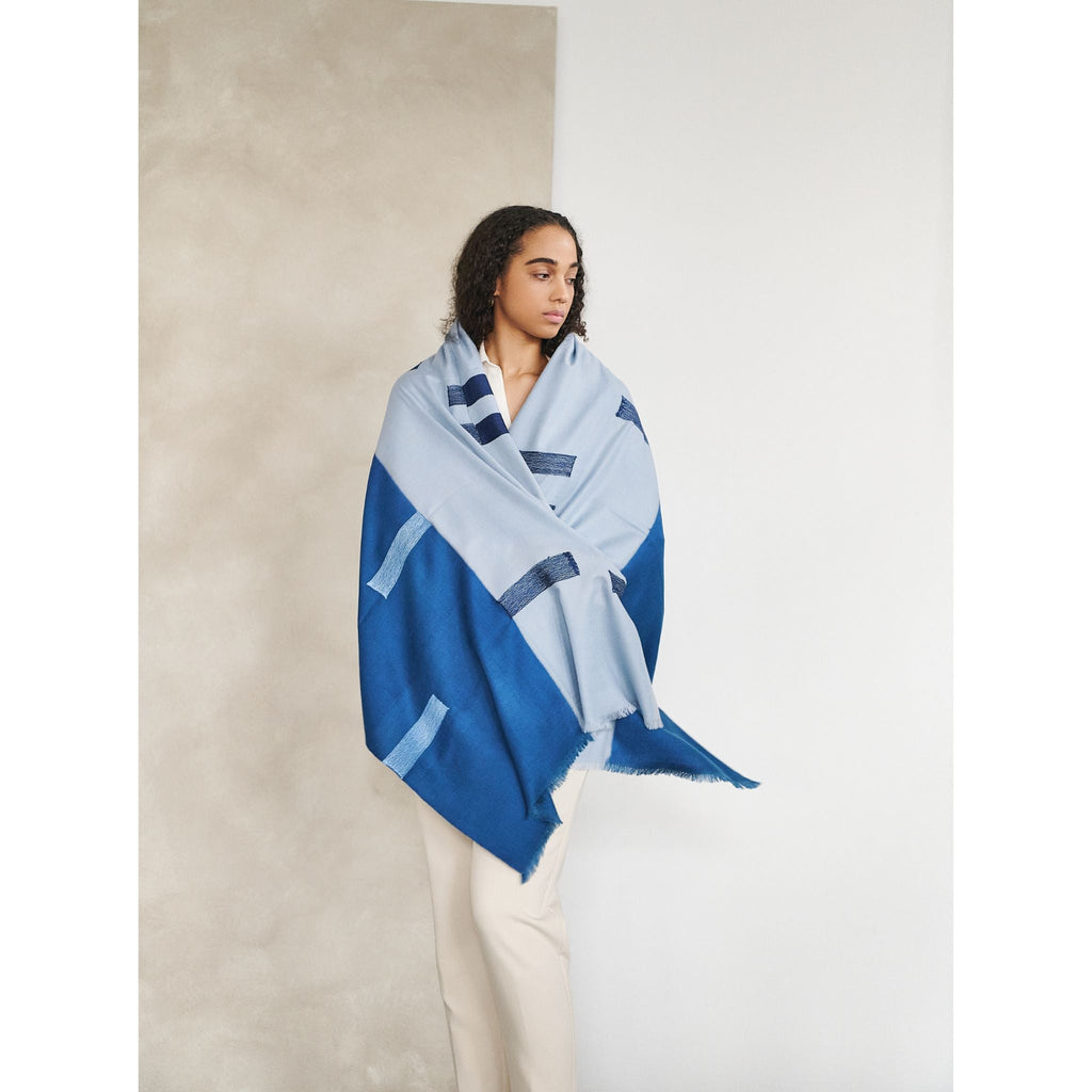 Harbor Blue Hand Embroidered Modern Artisanal Scarf