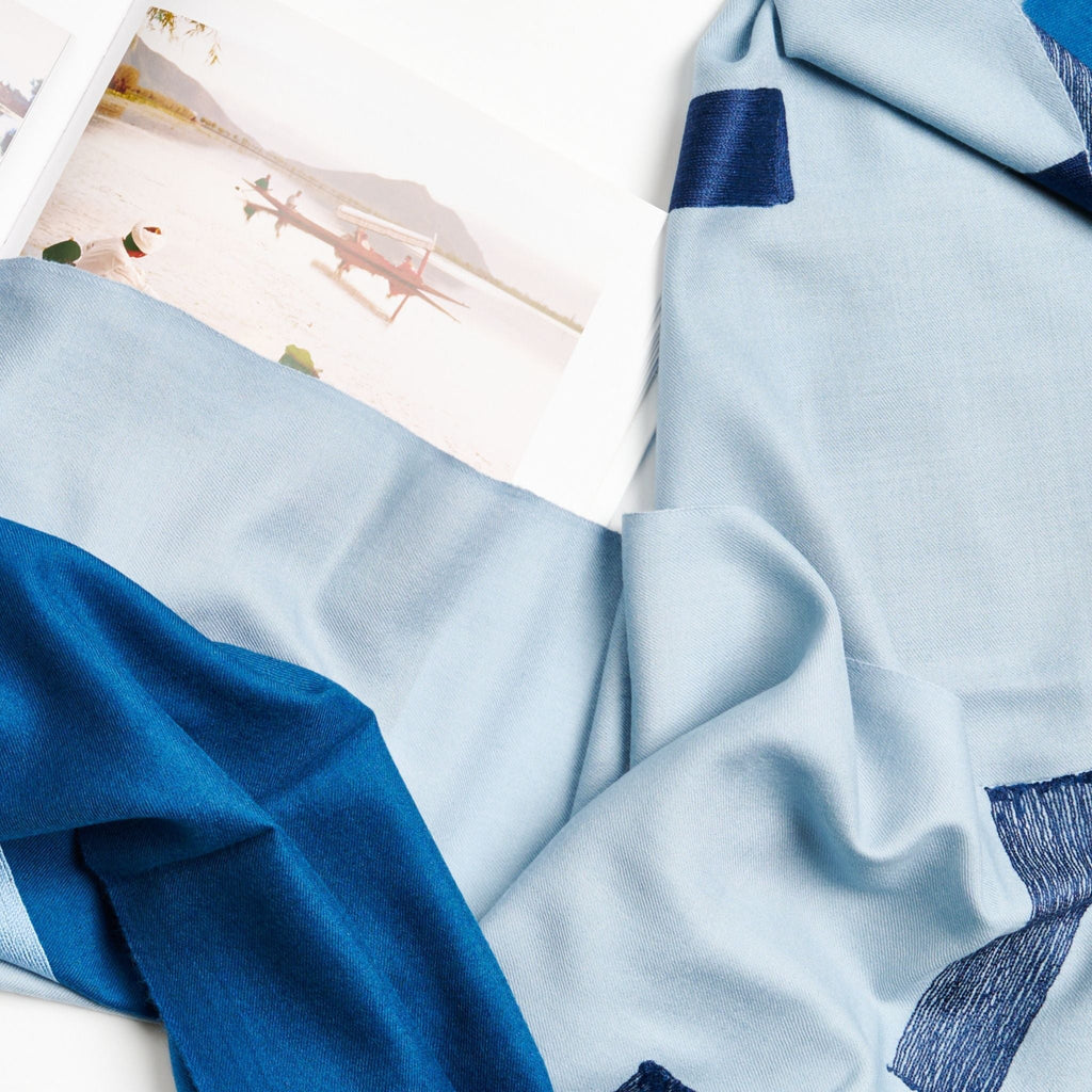 Harbor Blue Hand Embroidered Modern Artisanal Scarf