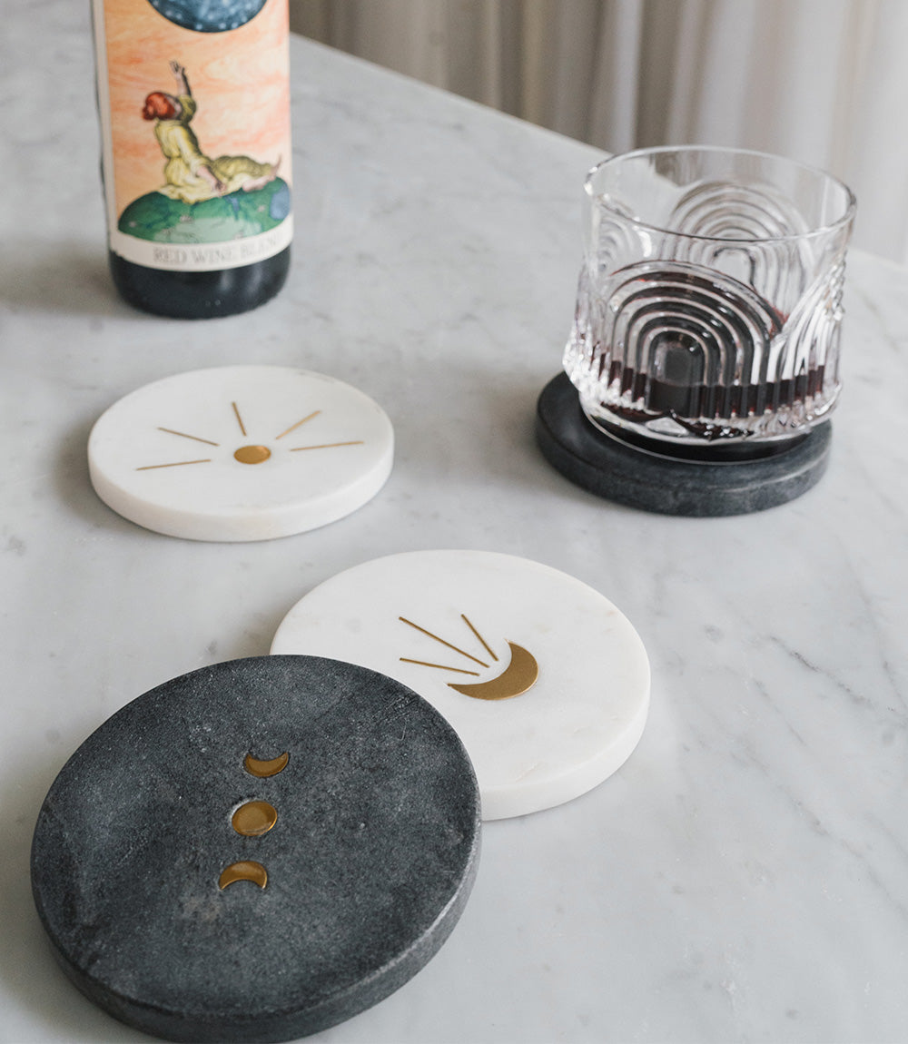Indukala Moon Phase Marble Coasters - Black & White (Set of 4)