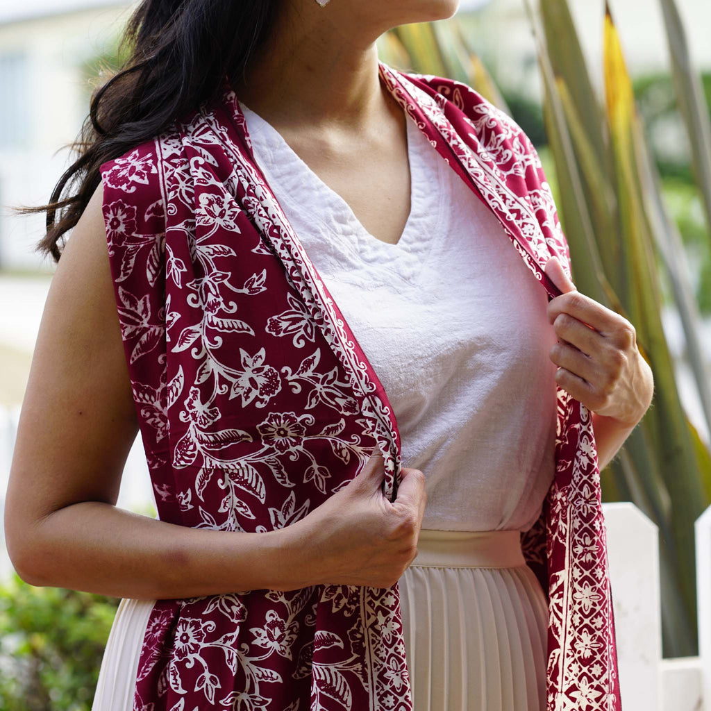 Handmade Batik Scarf - Red, White & Burgundy