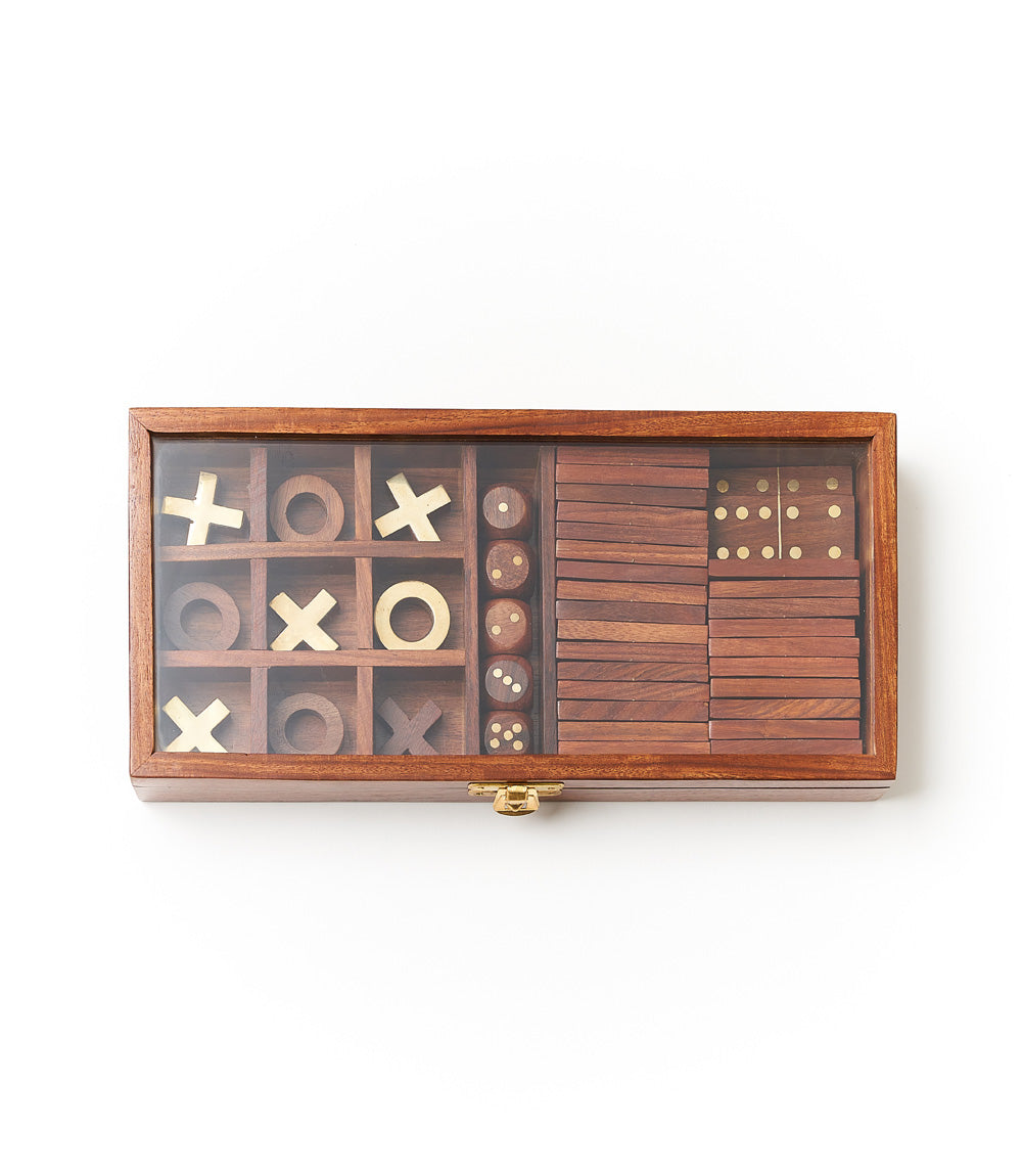 3-in-1 Game Set Dice, Dominoes & Tic Tac Toe - Handcrafted Wood