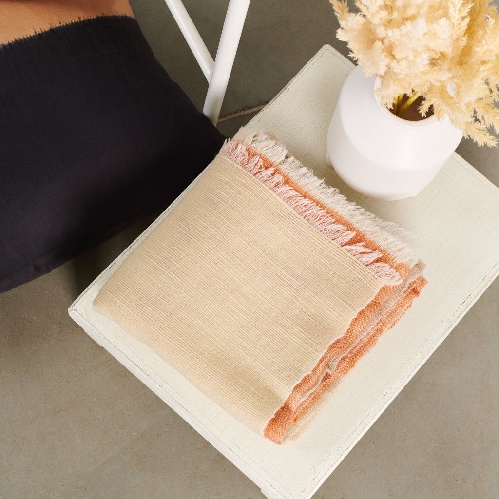 Chestnut Orange Cream Color Block Handwoven Merino Throw