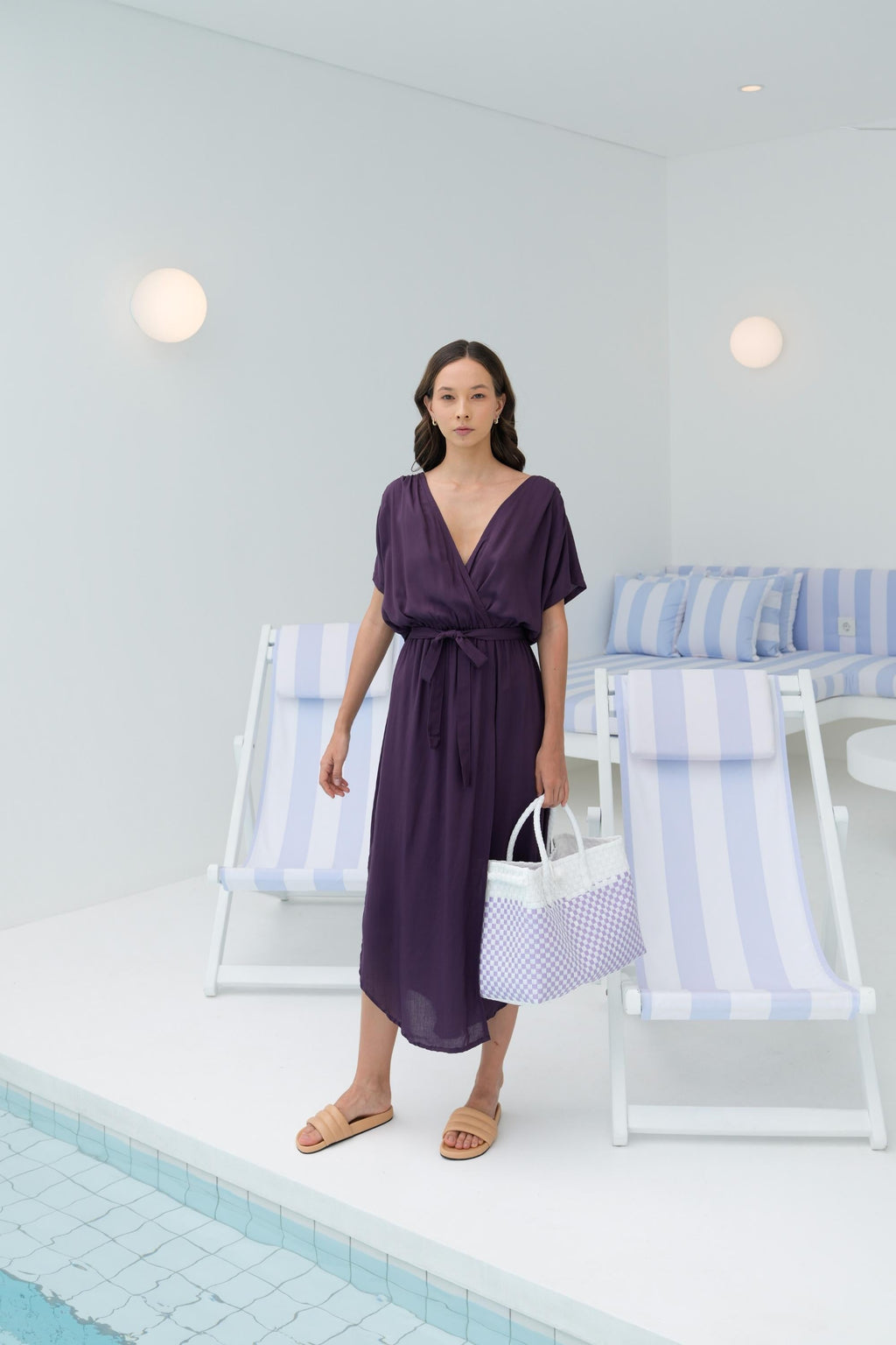 Lola Recycled Plastic Woven Tote Large - White & Lite Purple Checker