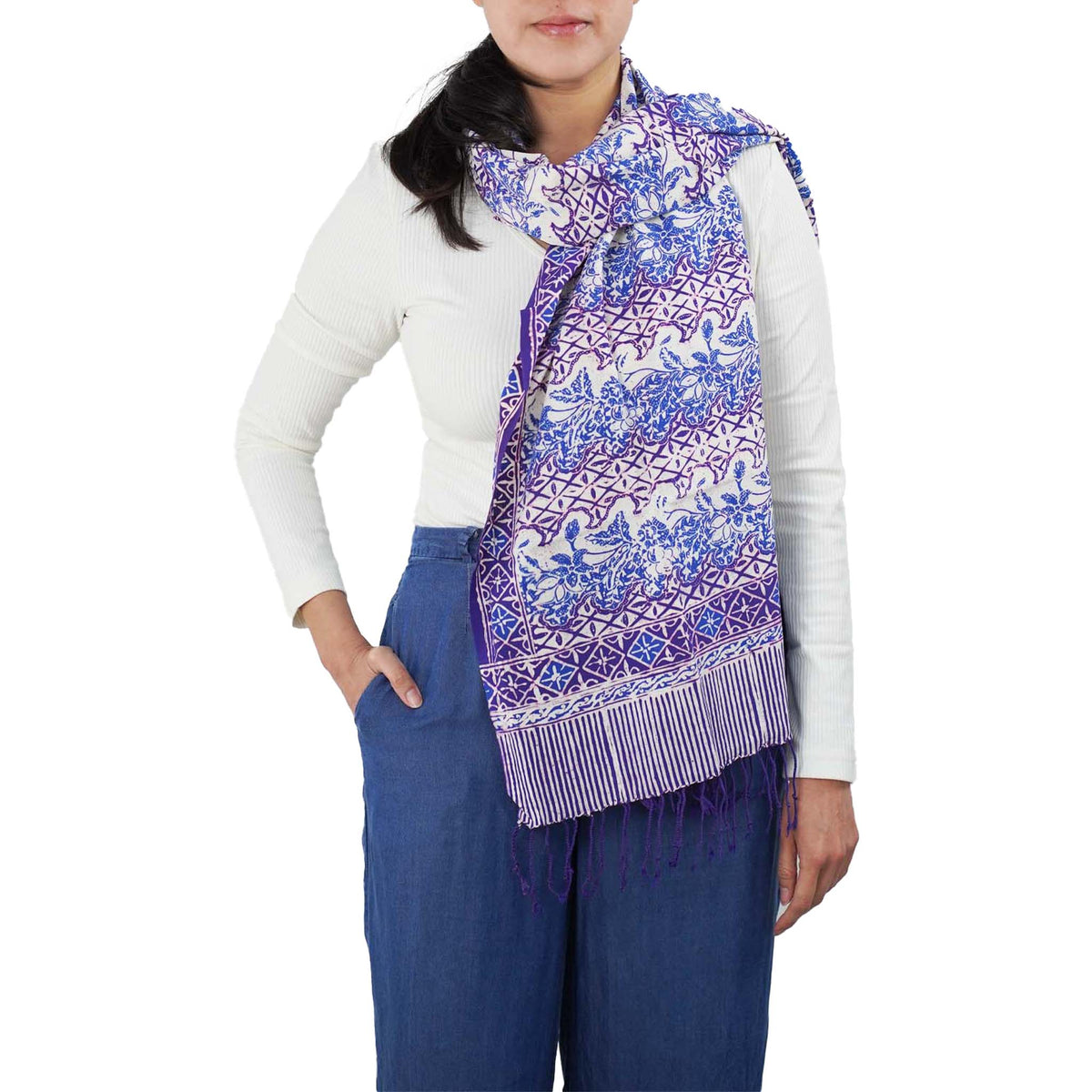 Handmade Batik Scarf - Vines in Navy Blue