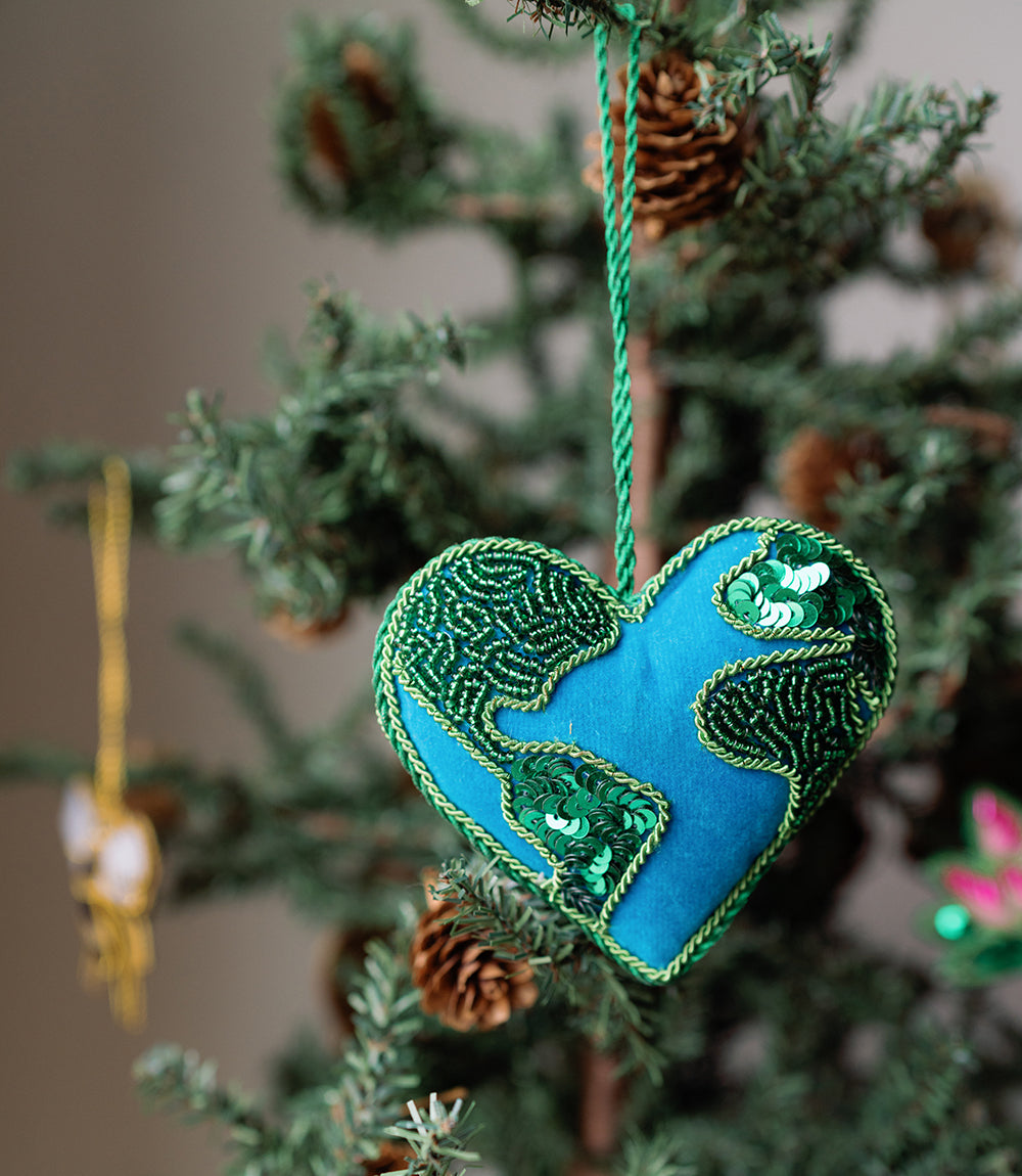 Larissa Embroidered Plush Heart Earth Beaded Felt Ornament