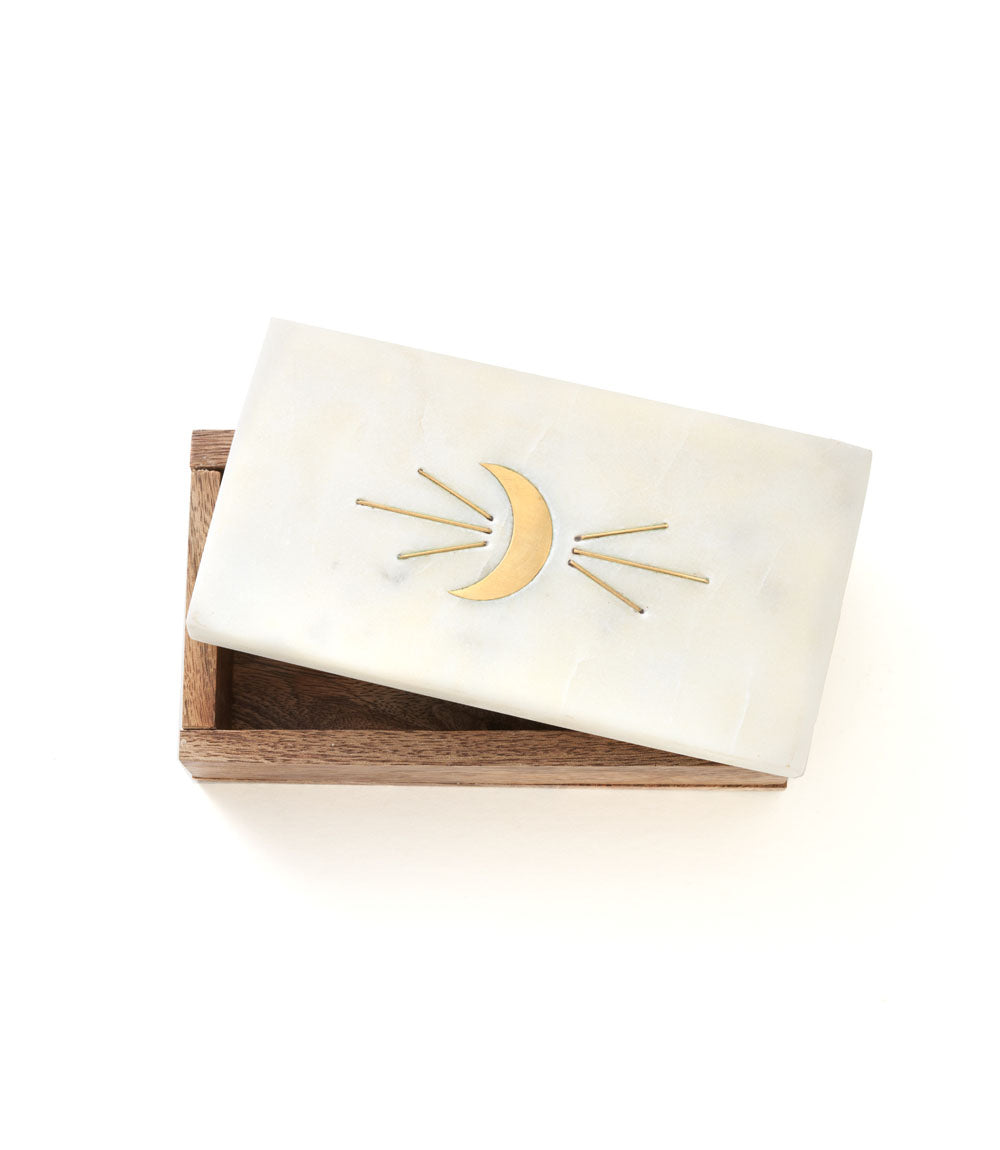 Indukala Crescent Moon Treasure Box - Wood, Marble & Brass