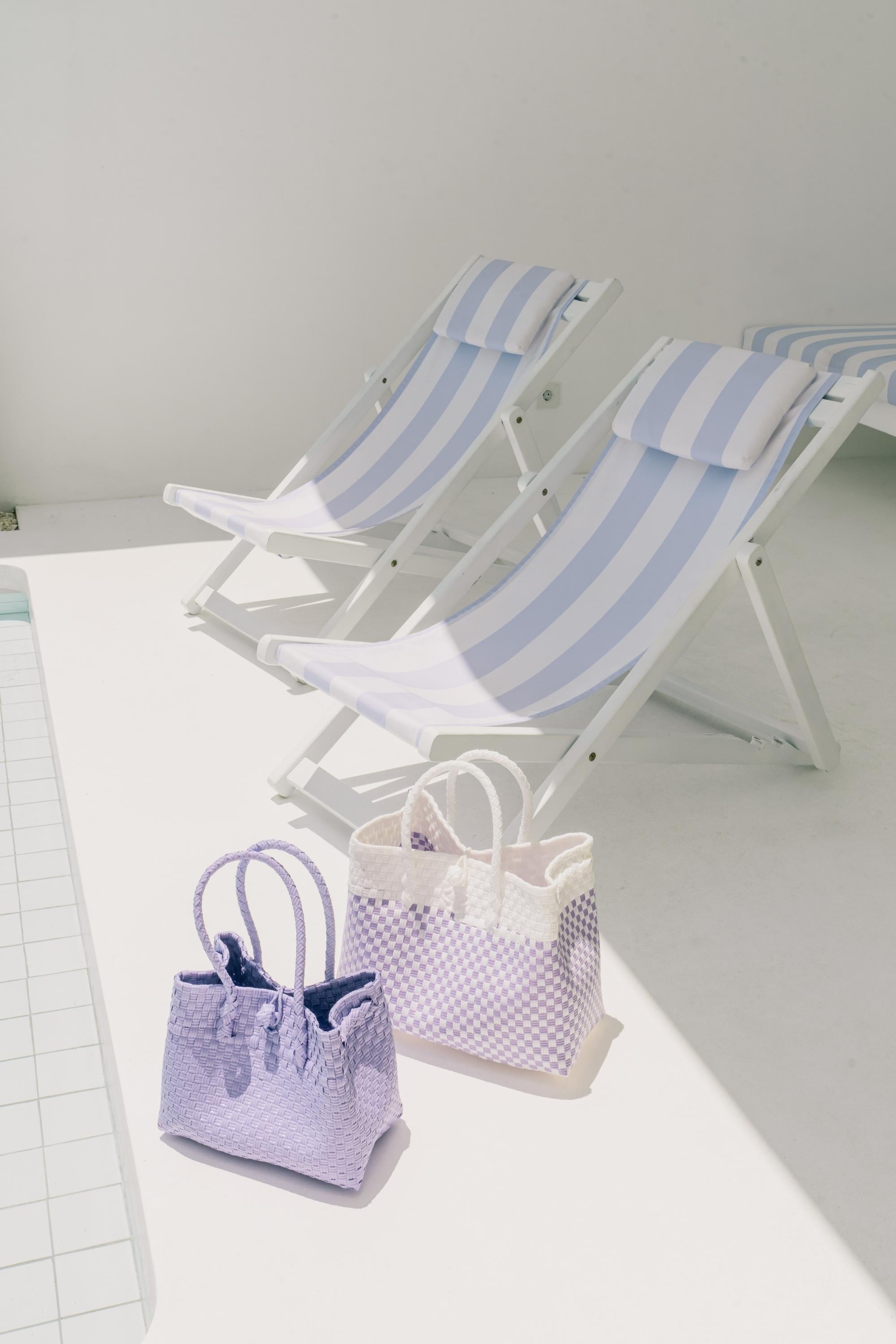Lola Recycled Plastic Woven Tote Large - White & Lite Purple Checker