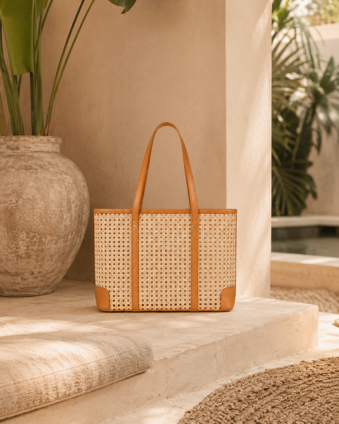 Dian Leather & Rattan Tote Bag