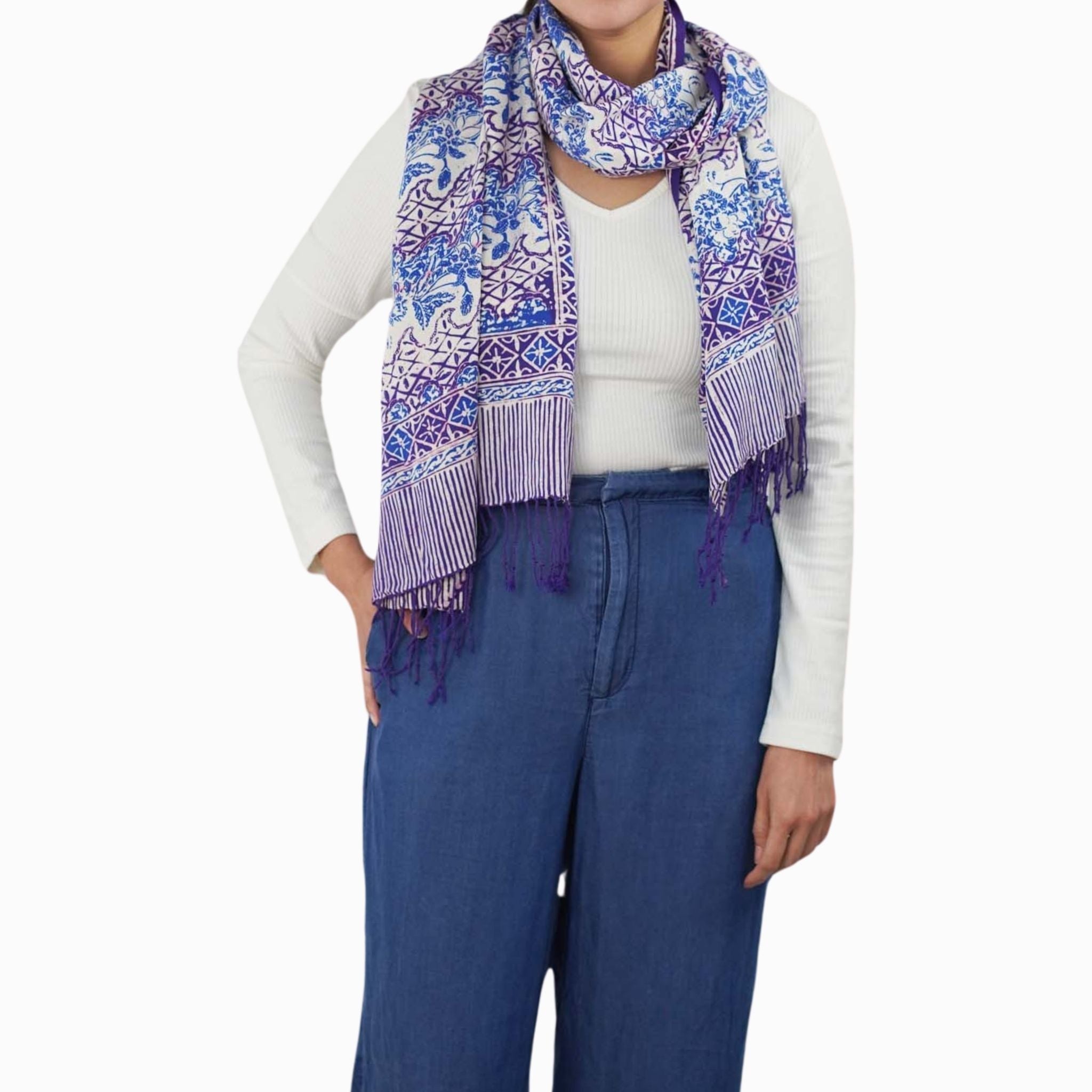 Handmade Batik Scarf - Vines in Navy Blue