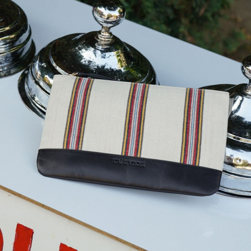 Antiochia Black Calfskin & Handloomed Fabric Clutch