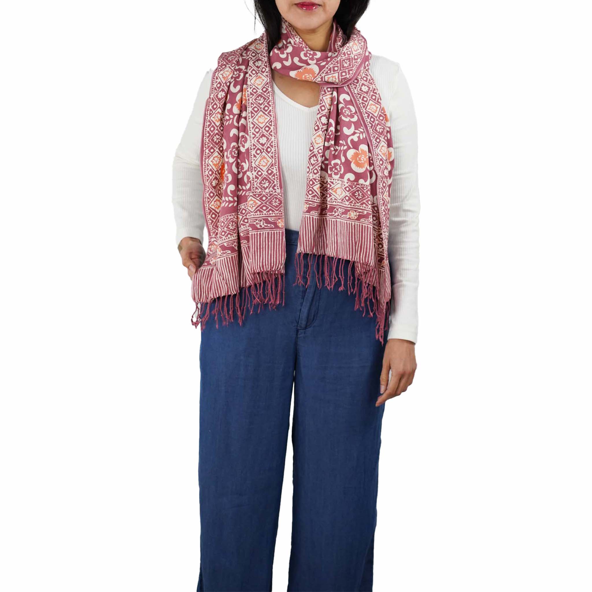Handmade Batik Scarf - Plumeria, Pink, Purple & Peach