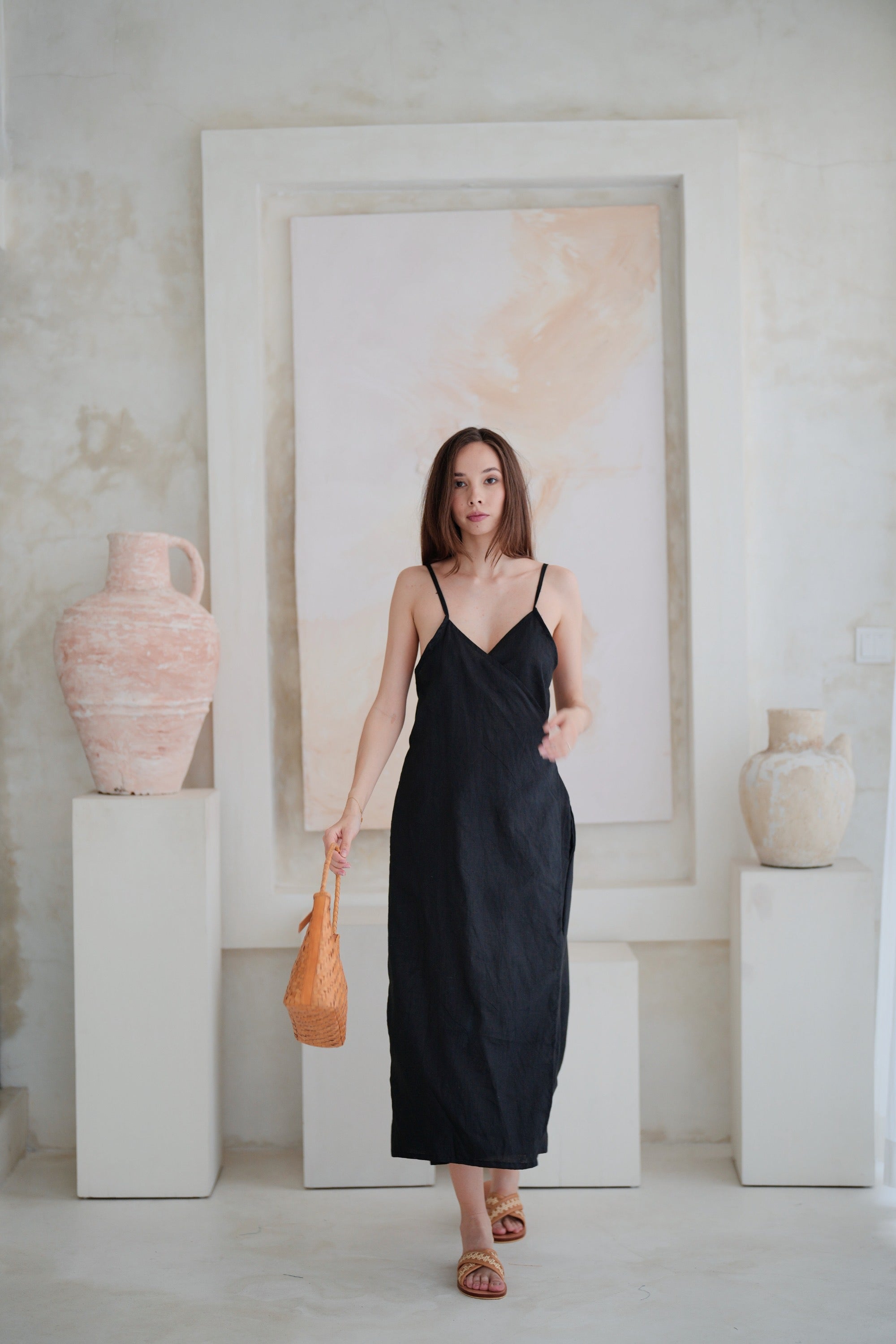 Anita Linen Wrap Front Midi Dress - Black