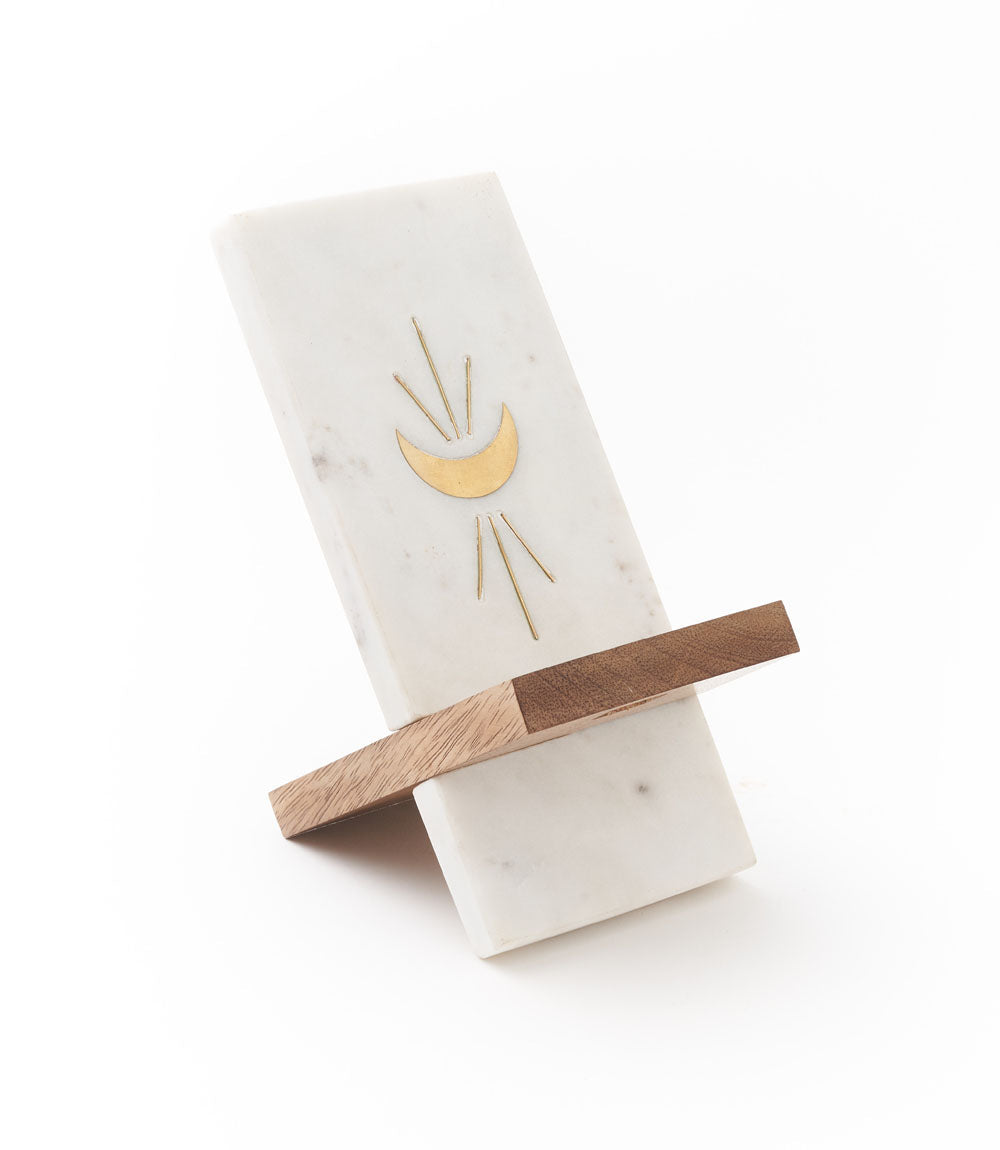 Indukala Moon Phase Phone Stand - Wood, Marble & Brass