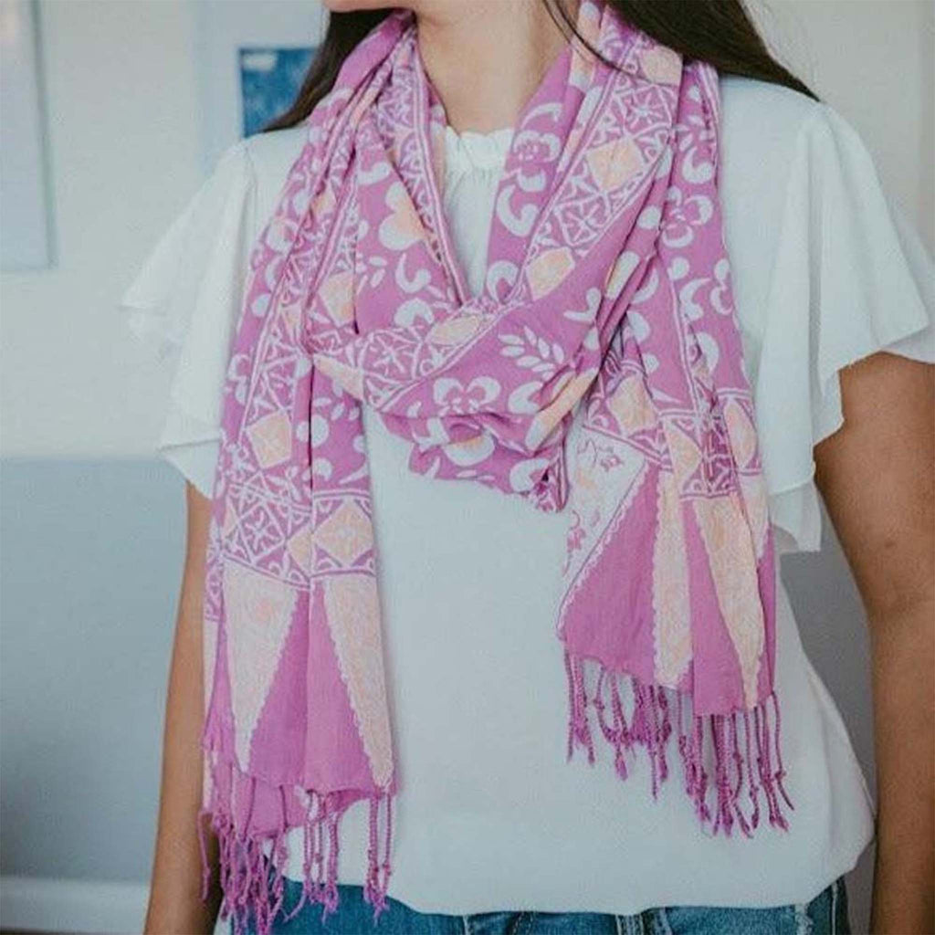 Handmade Batik Scarf - Plumeria, Pink, Purple & Peach