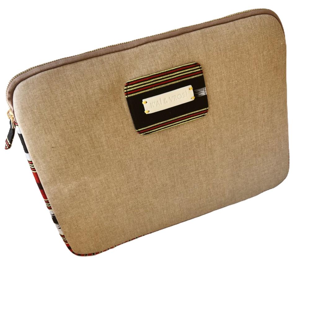 Zipped Patterned Cream Canvas Laptop Case for 13" & 14"
