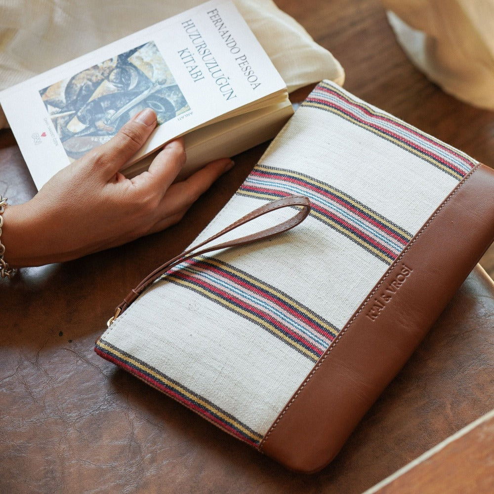 Antiochia Tobacco Calfskin & Handloomed Fabric Clutch