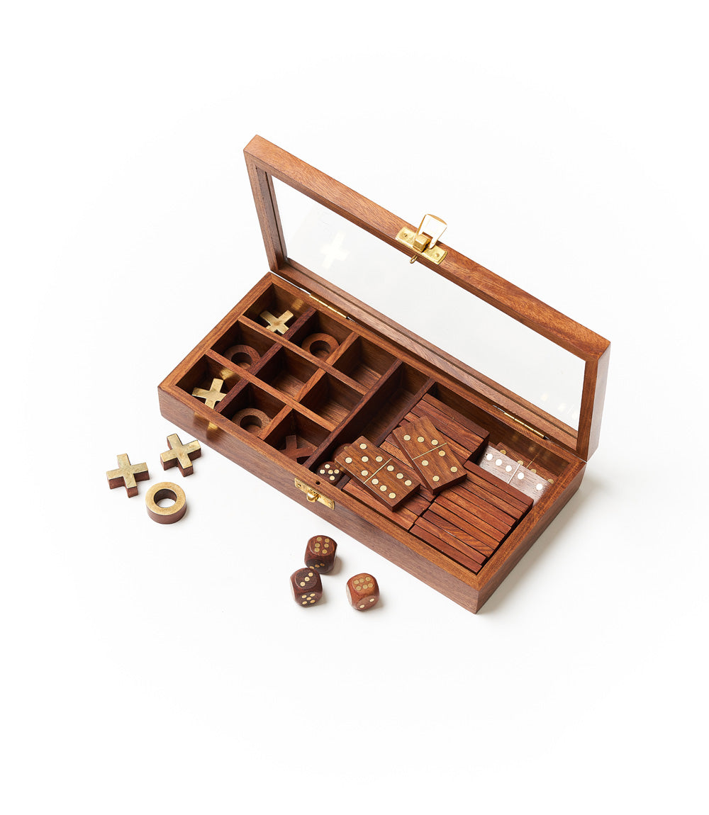 3-in-1 Game Set Dice, Dominoes & Tic Tac Toe - Handcrafted Wood