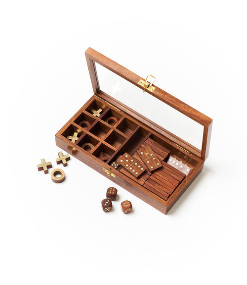 3-in-1 Game Set Dice, Dominoes & Tic Tac Toe - Handcrafted Wood