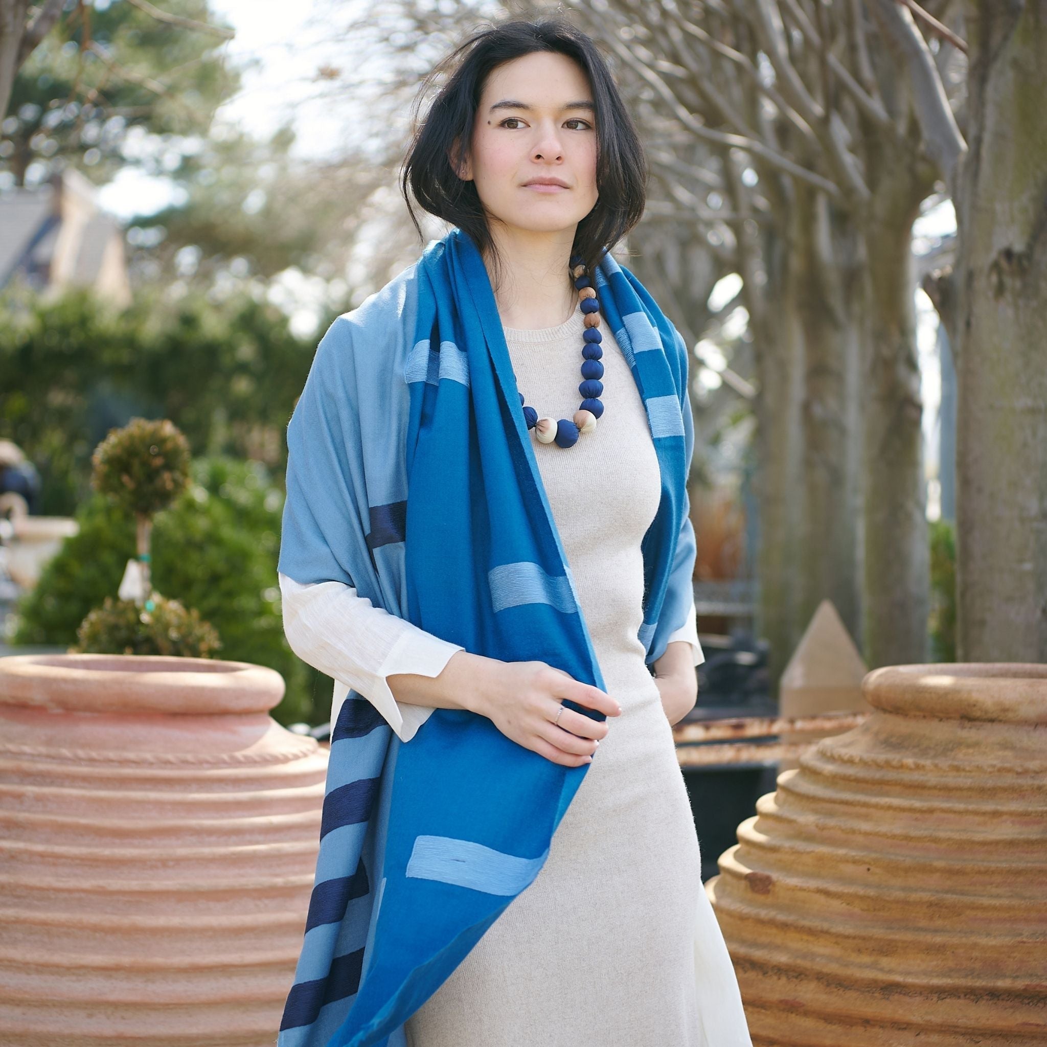 Harbor Blue Hand Embroidered Modern Artisanal Scarf