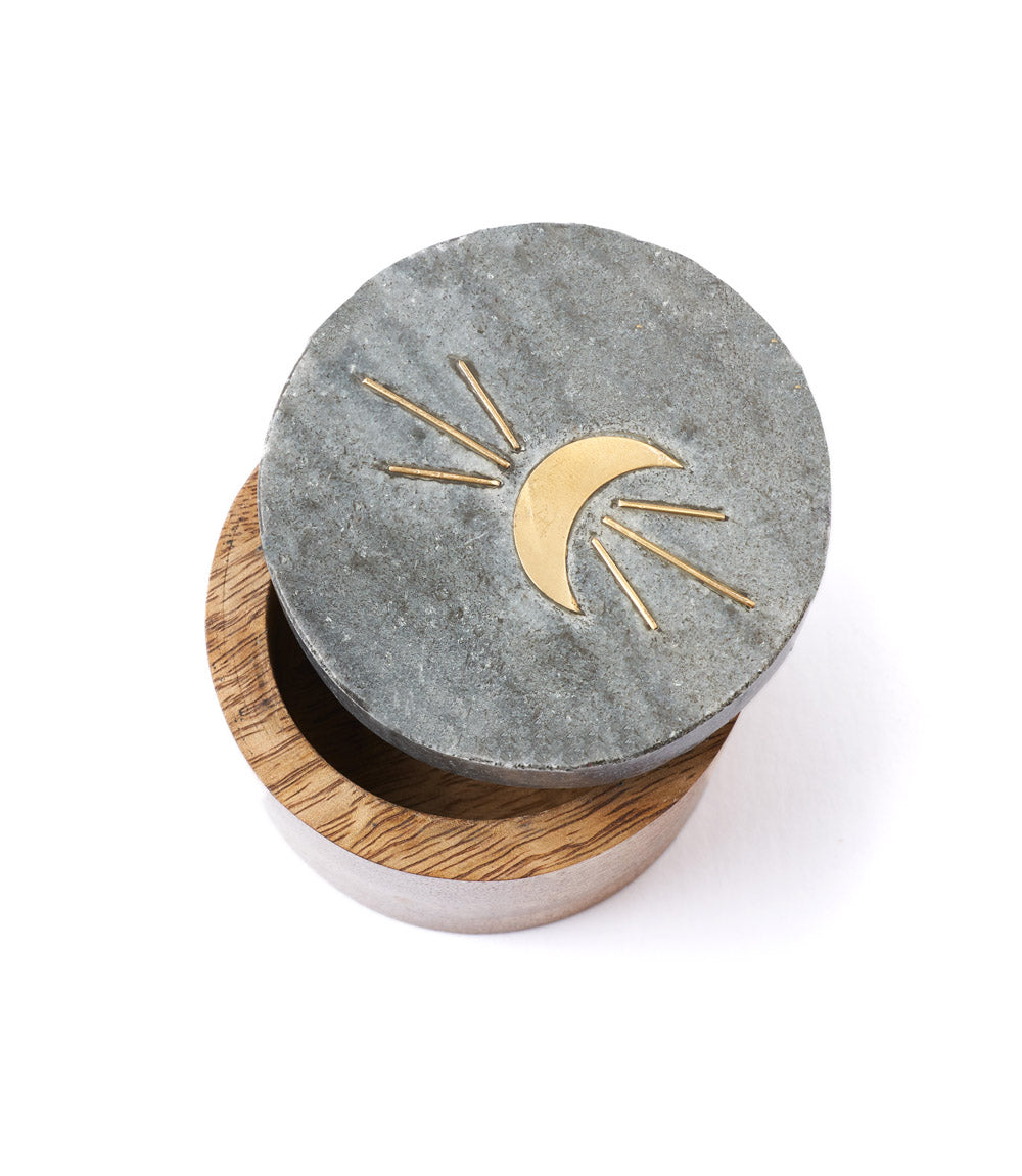 Indukala Moon Phase Round Keepsake Box - Black Marble, Wood & Brass
