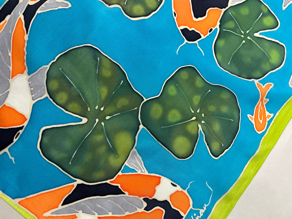 Hand-Dyed Silk Wall Hanging  - Aqua Pond Koi