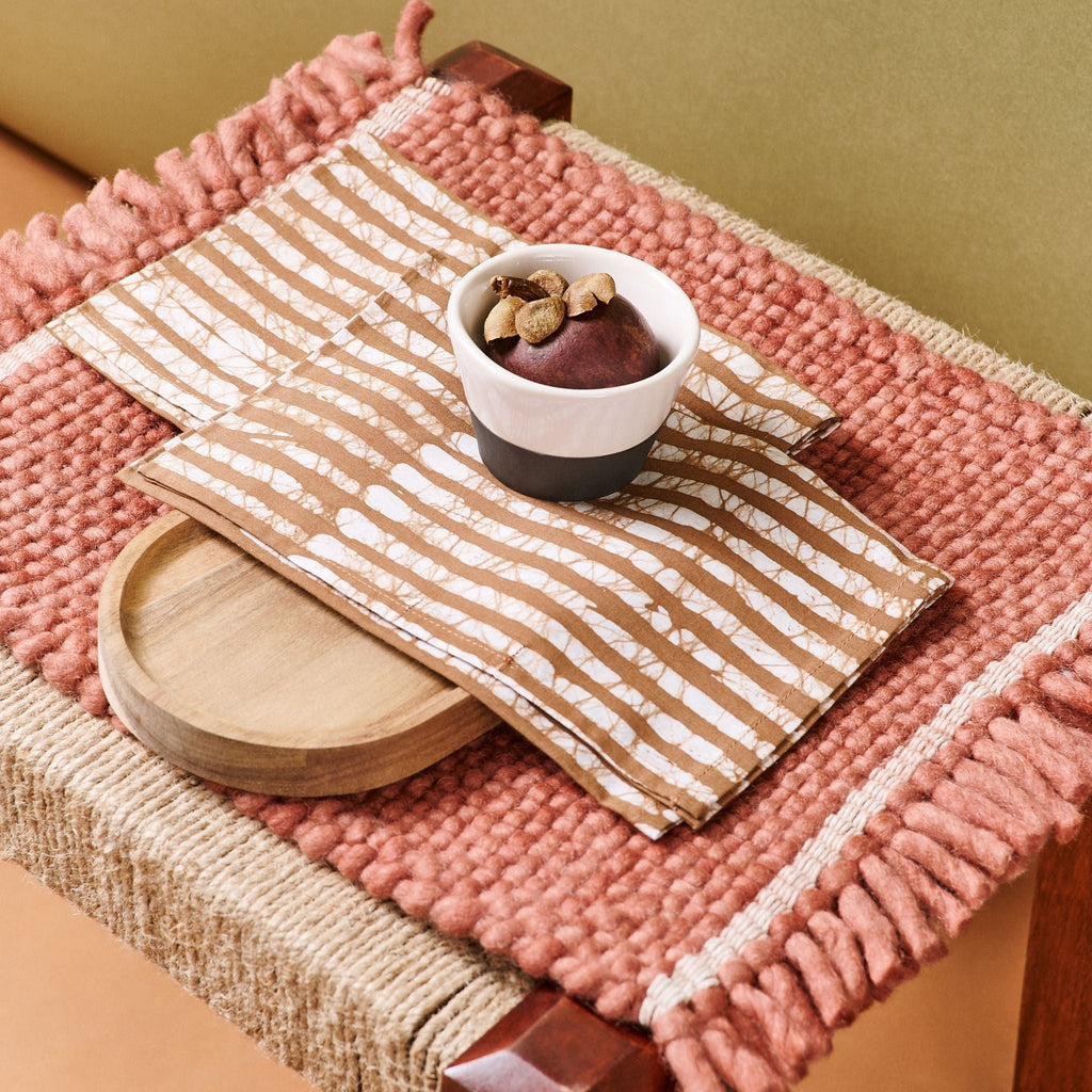 Oak Brown Stripes Wax Block Print Cotton Table Napkin Set