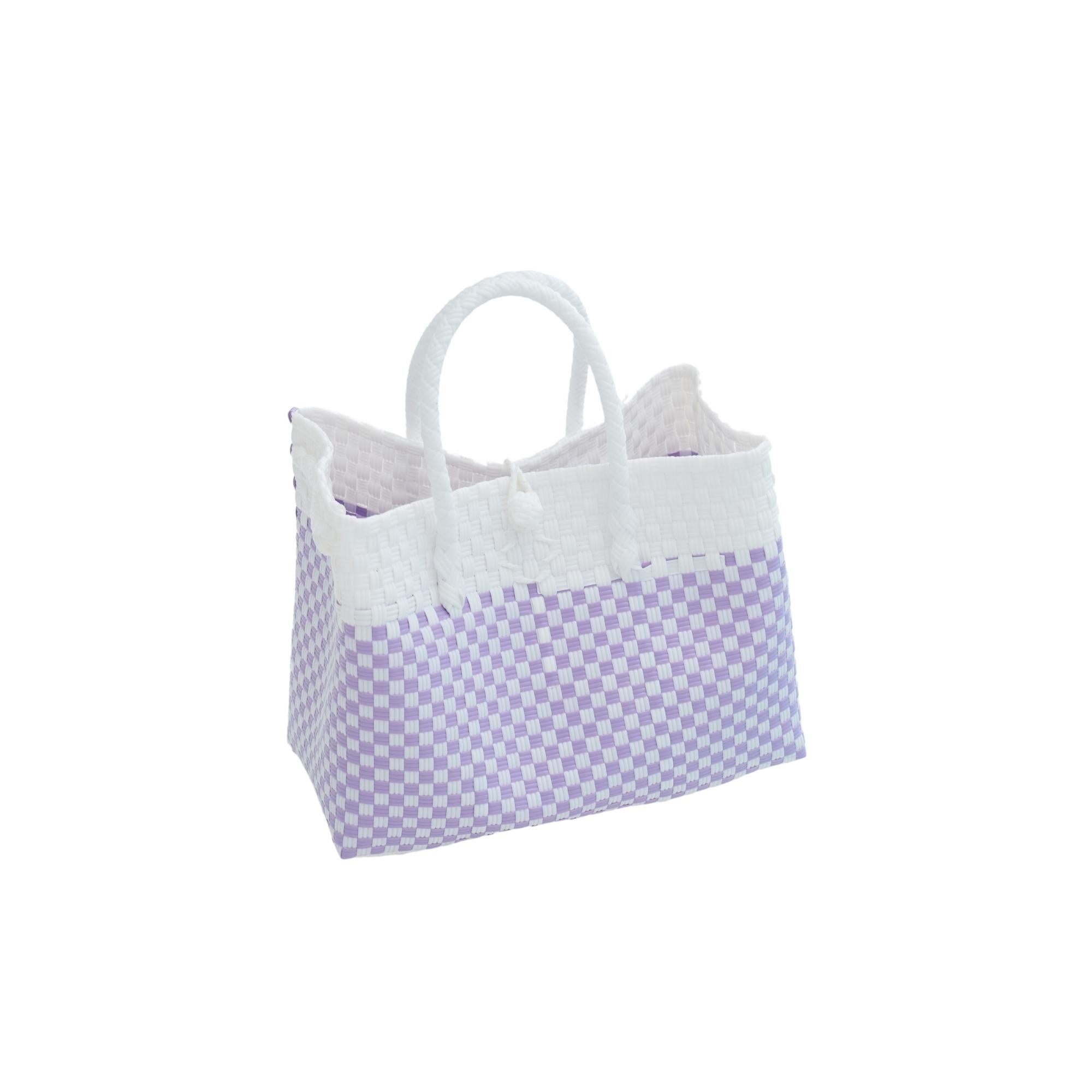 Lola Recycled Plastic Woven Tote Large - White & Lite Purple Checker