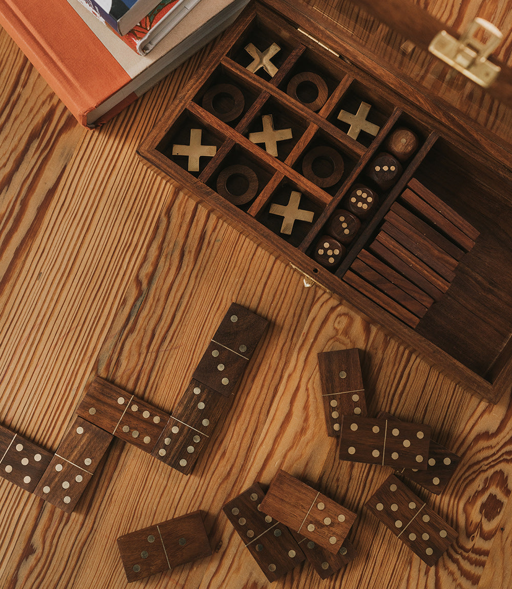 3-in-1 Game Set Dice, Dominoes & Tic Tac Toe - Handcrafted Wood