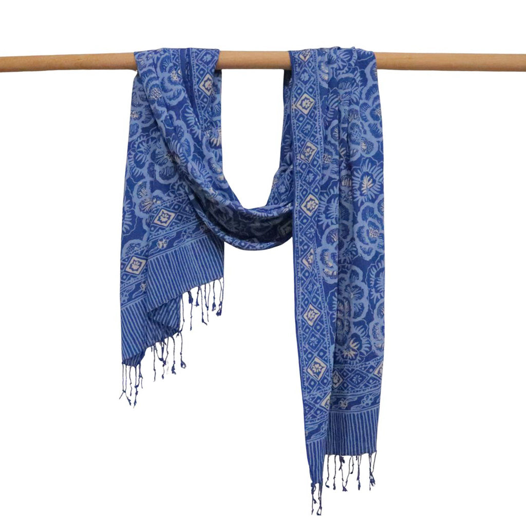 Hand Dyed Batik Scarf - Blue Roses, White & Floral Flower