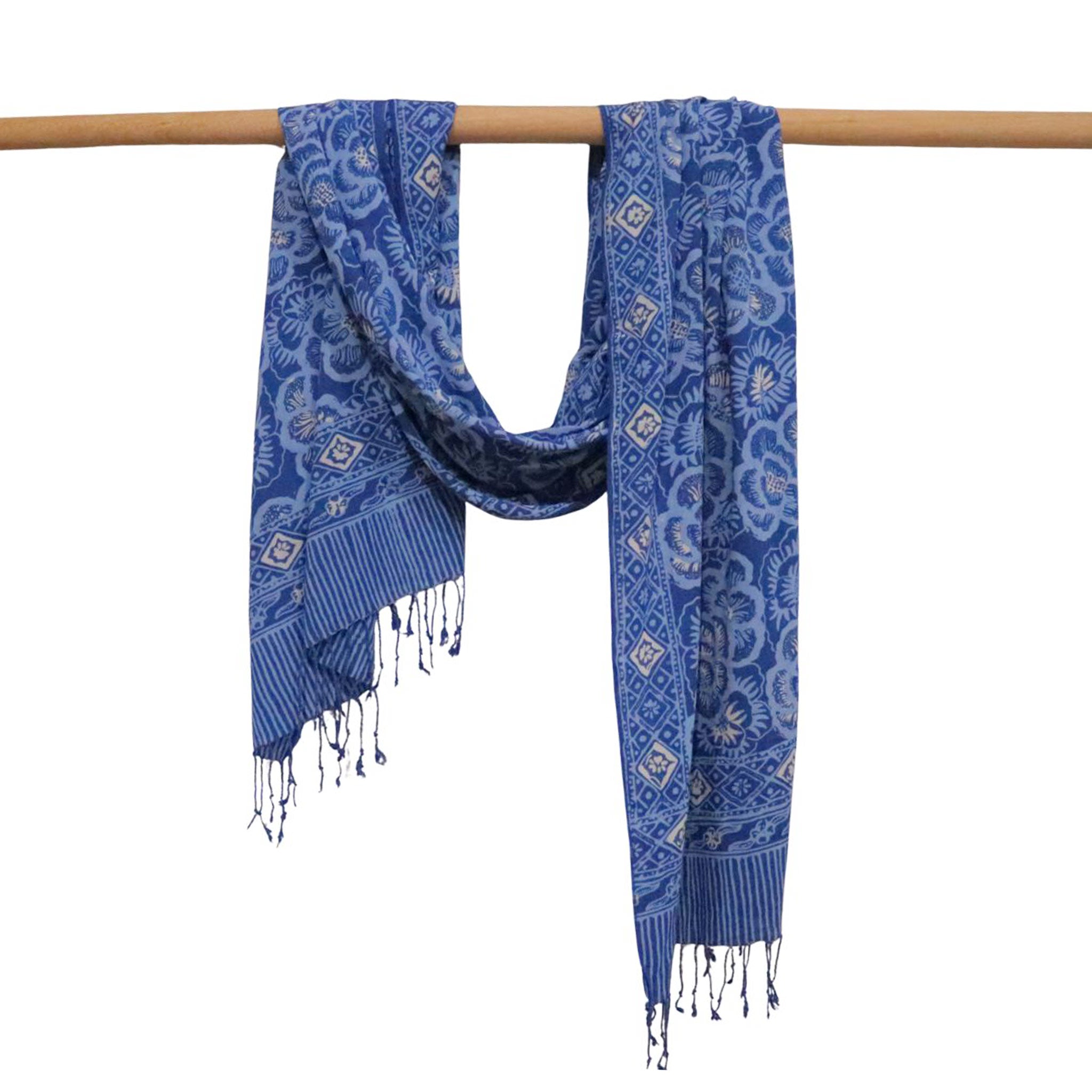Hand Dyed Batik Scarf - Blue Roses, White & Floral Flower