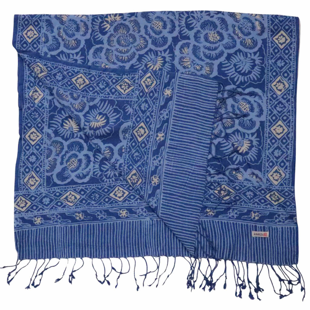 Hand Dyed Batik Scarf - Blue Roses, White & Floral Flower