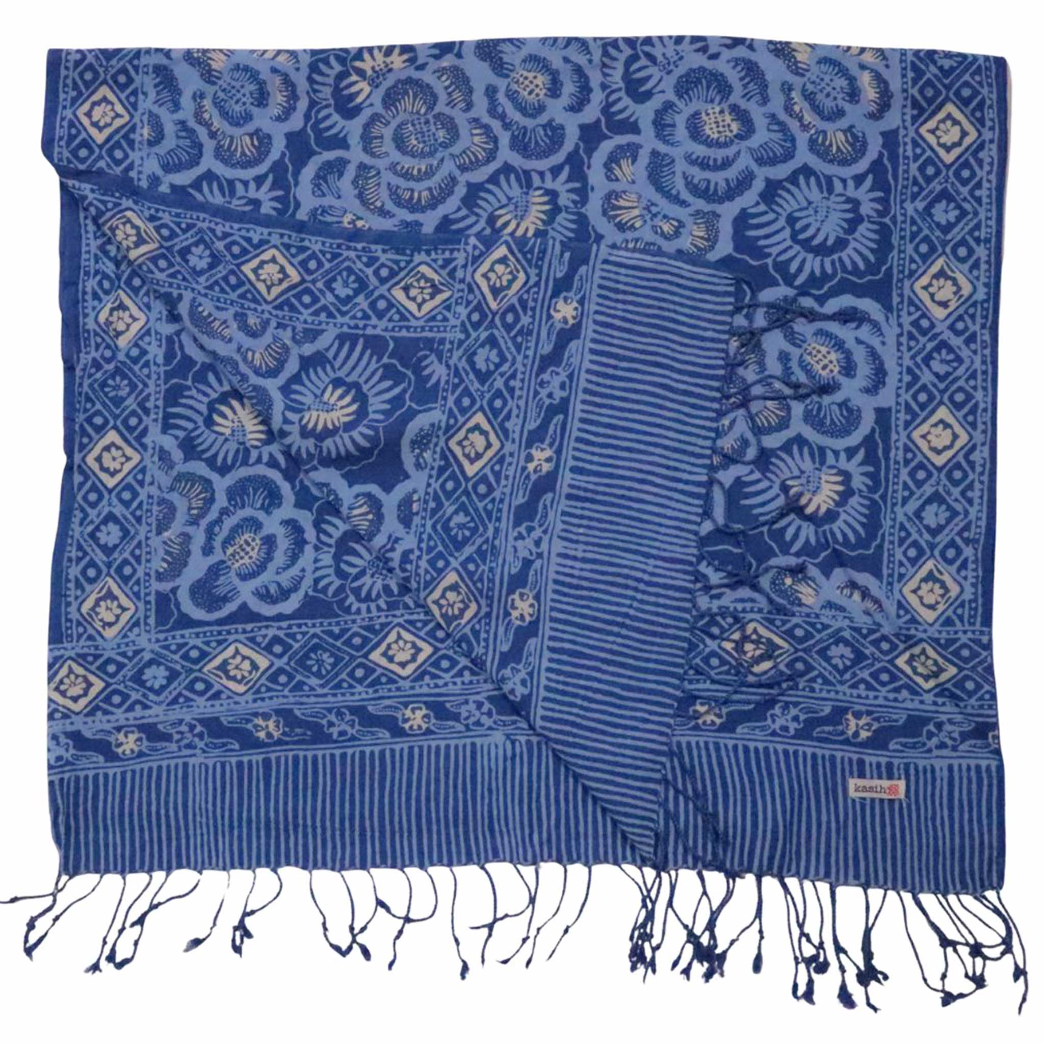 Hand Dyed Batik Scarf - Blue Roses, White & Floral Flower