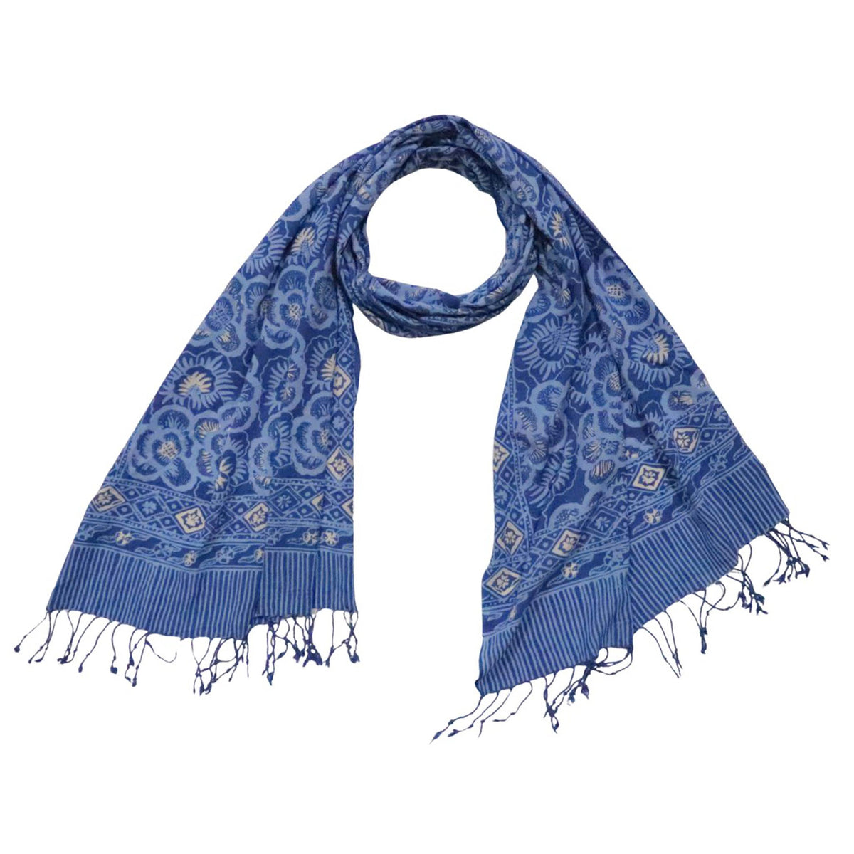 Hand Dyed Batik Scarf - Blue Roses, White & Floral Flower