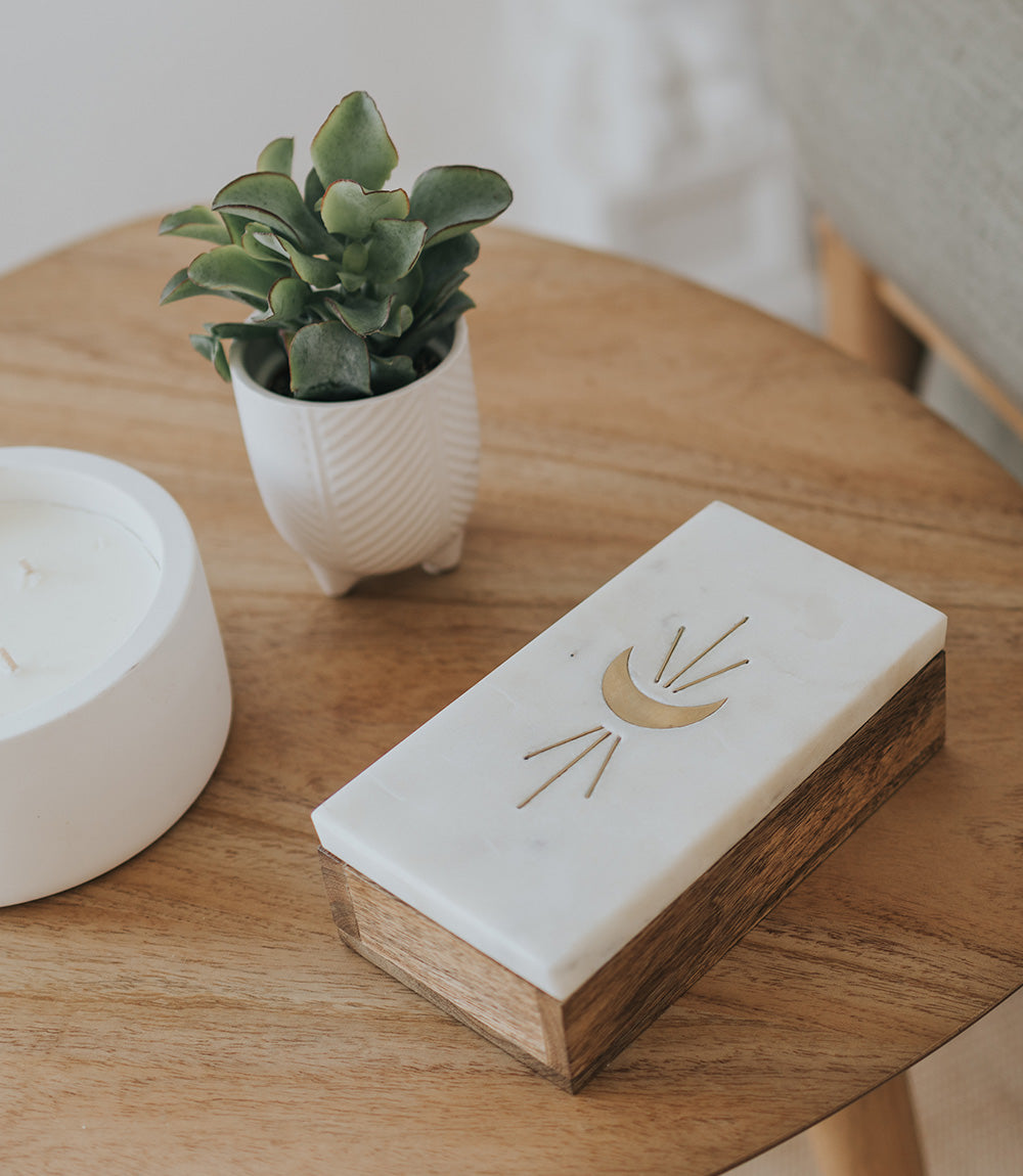 Indukala Crescent Moon Treasure Box - Wood, Marble & Brass