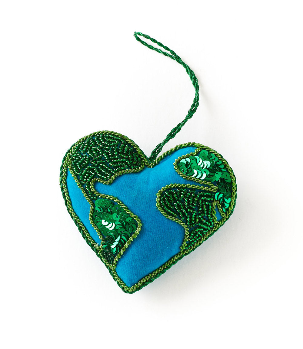 Larissa Embroidered Plush Heart Earth Beaded Felt Ornament
