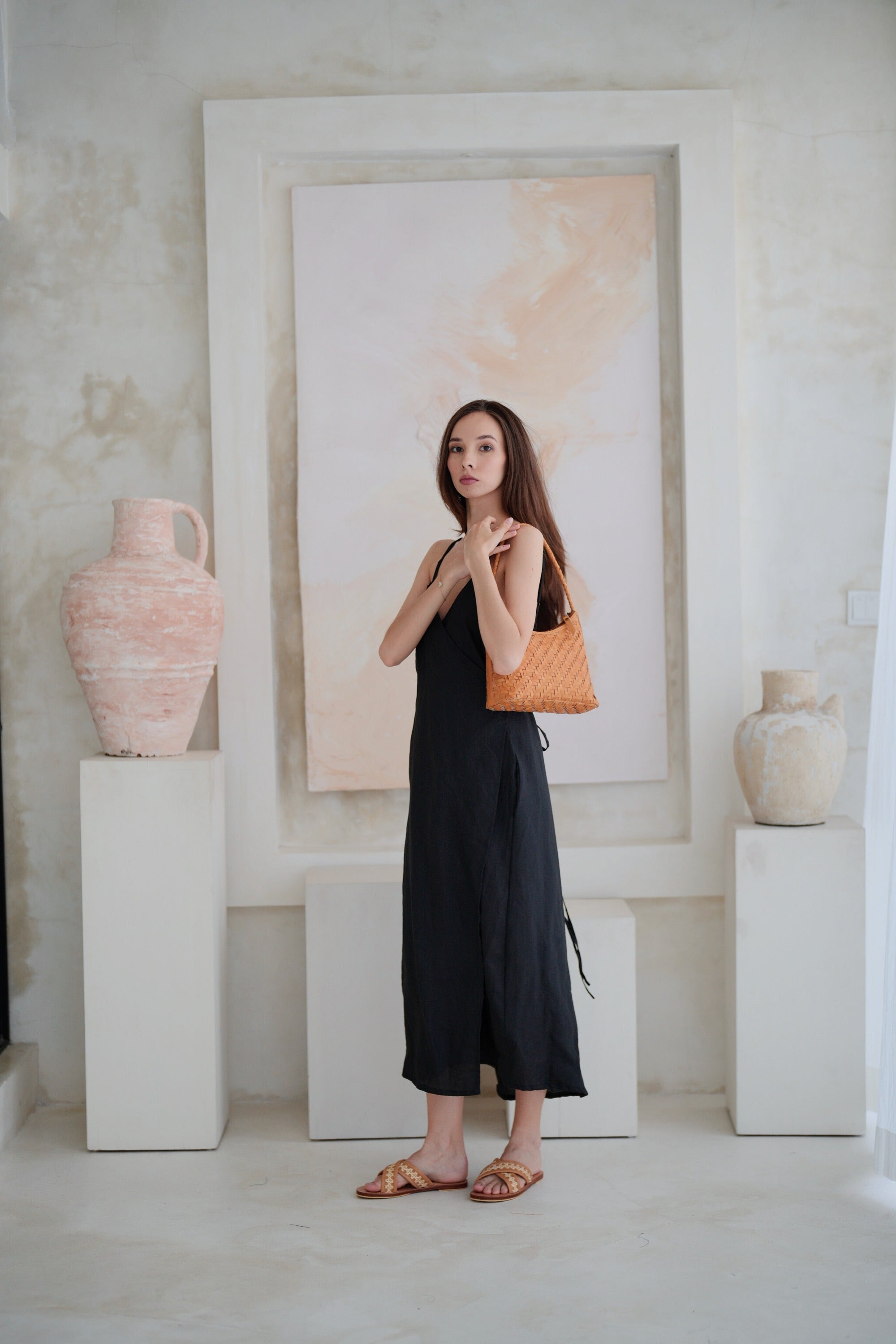 Anita Linen Wrap Front Midi Dress - Black