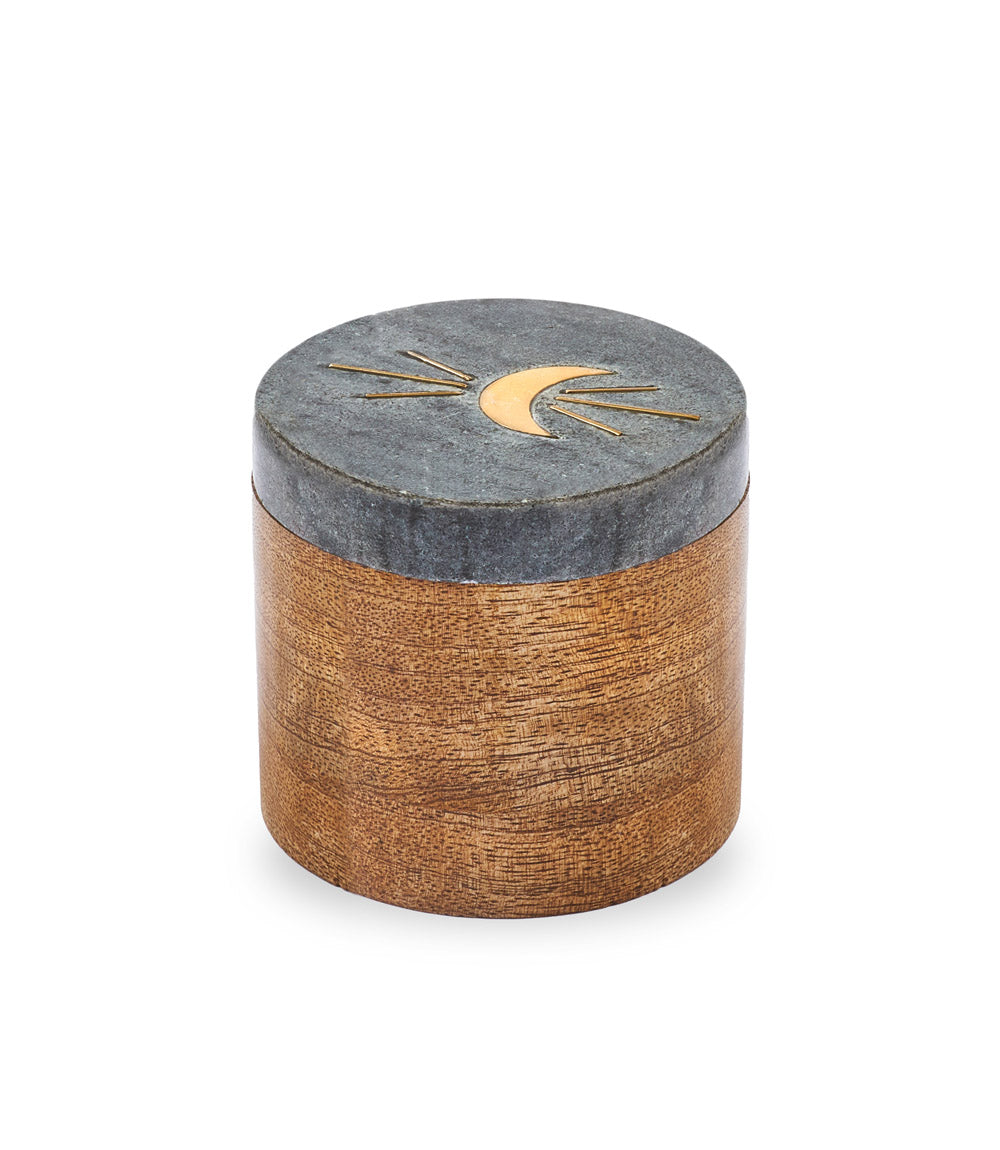 Indukala Moon Phase Round Keepsake Box - Black Marble, Wood & Brass
